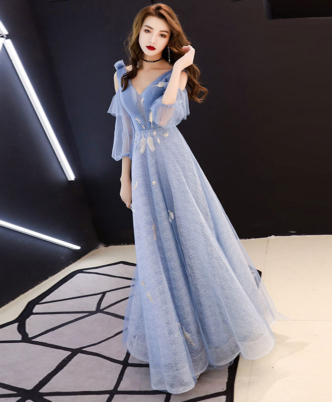 Elegant Blue V-Neck Tulle Lace Long Prom Dress for Women - Formal Evening Gown for Homecoming, Wedding Guest & Special Occasions