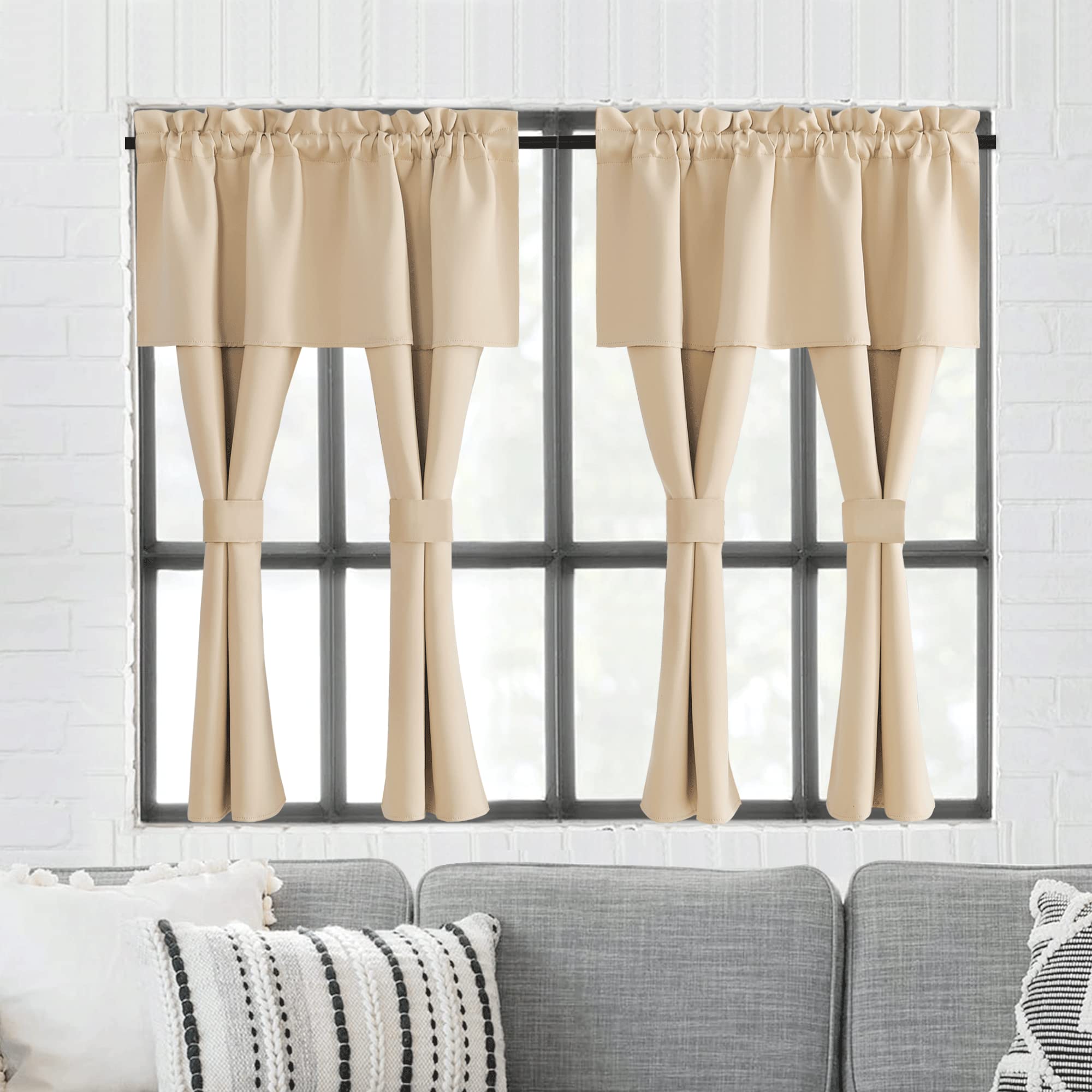NICETOWN Blackout Curtains Set of 2 - Thermal Insulated Room Darkening Drapes with Attached Valance, Noise Reducing Window Treatments for Bedroom, Living Room & Kitchen, Biscotti Beige, 52