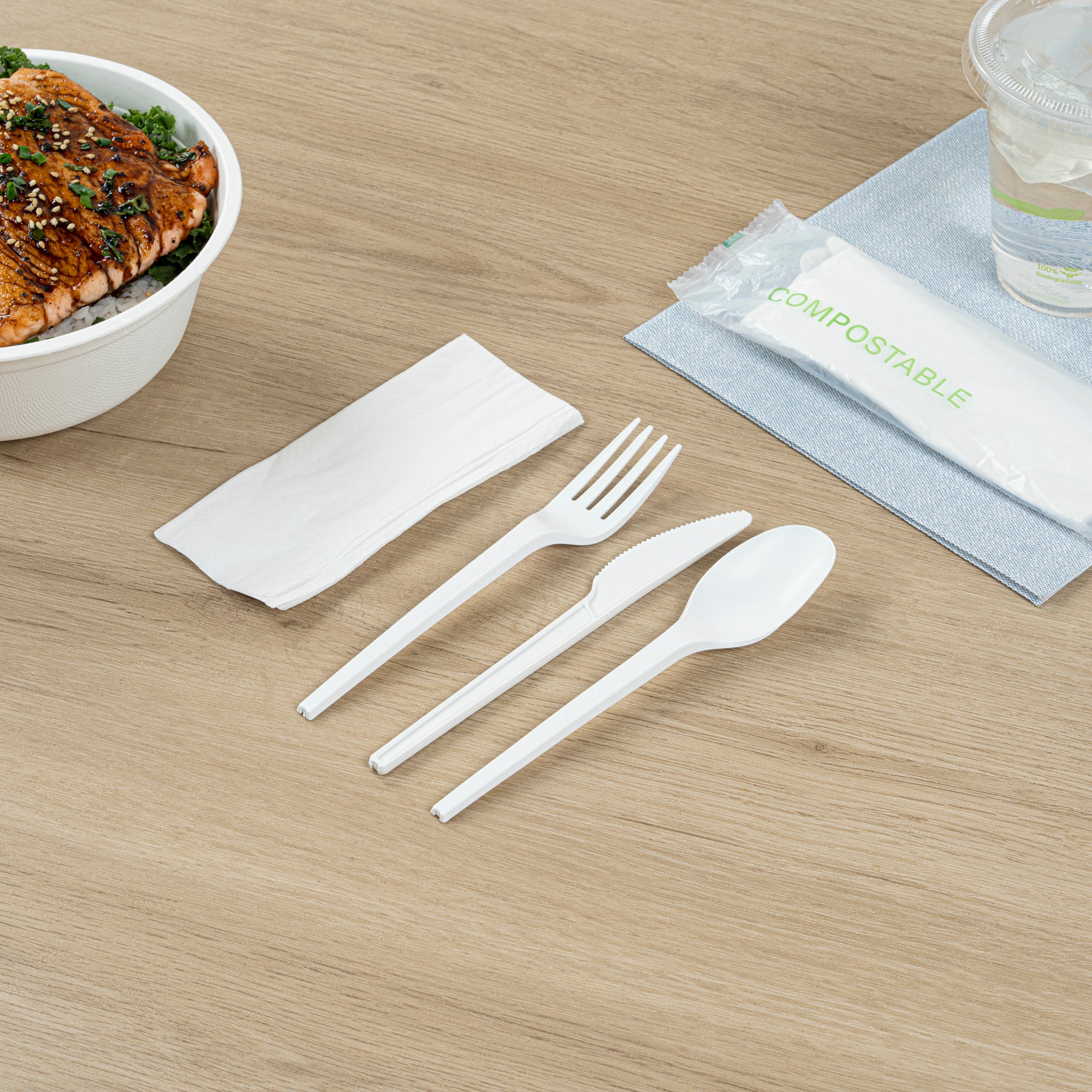 Eco-Friendly Compostable CPLA Plastic Cutlery Set - 100-Piece Box with Heat-Resistant Forks, Knives, Spoons & White Napkins | Perfect for Parties, Picnics, Catering & Zero-Waste Events