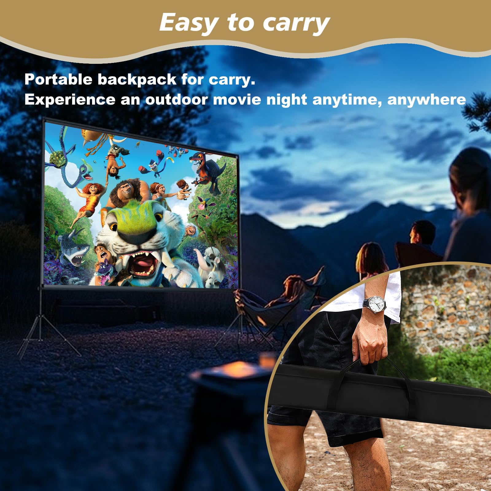 120 Inch Portable Outdoor Projector Screen with Stand & Carry Bag - 16:9 HD 4K Wrinkle-Free Foldable Screen for Backyard Movies, Camping & Home Theater - Easy Setup & Storage