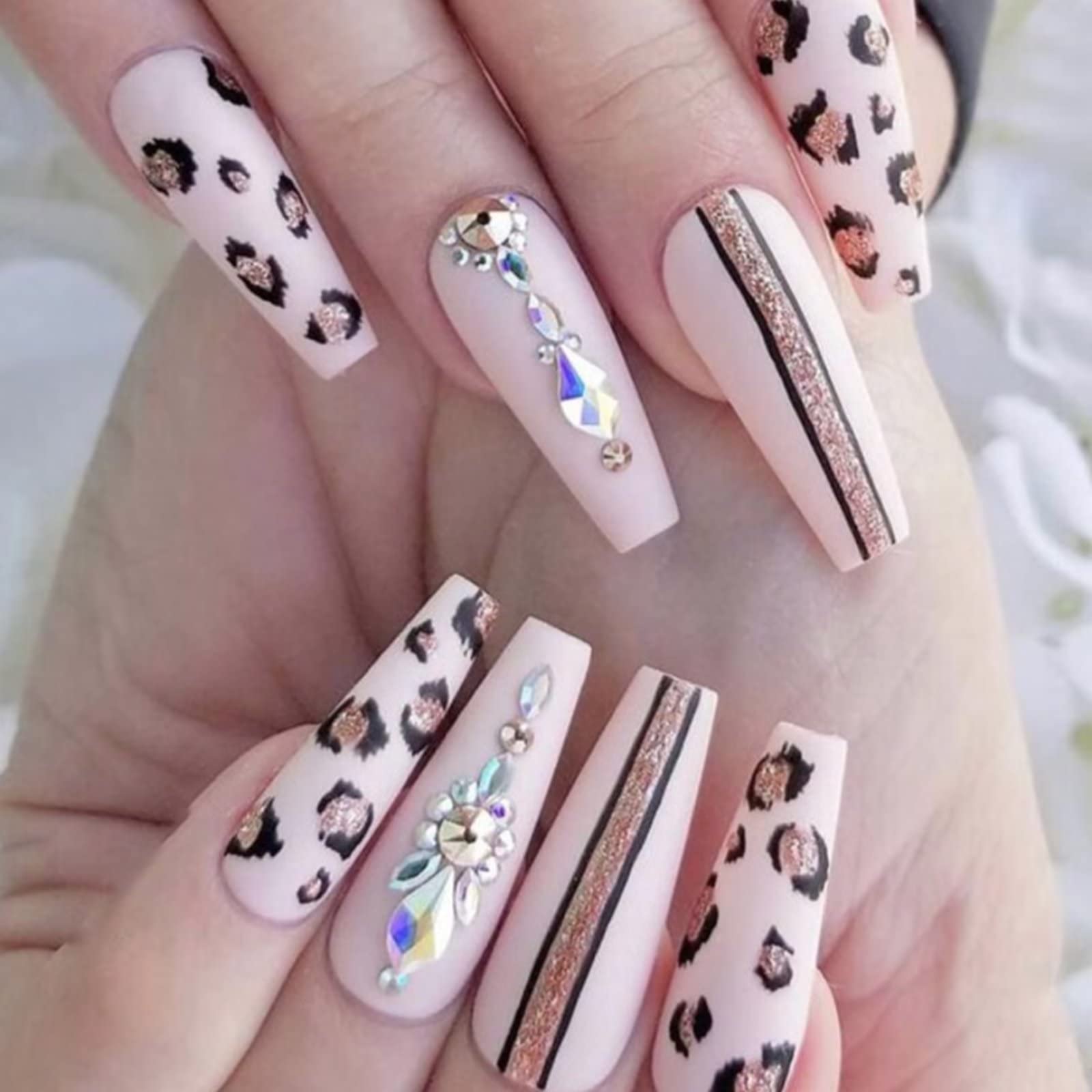 RUNRAYAY Leopard Print Press On Nails - Long Fake Nails with Pink Acrylic Ballet French Tip & Rhinestone Designs for Women & Girls | Perfect for Parties, Weddings, Date Nights & Special Occasions