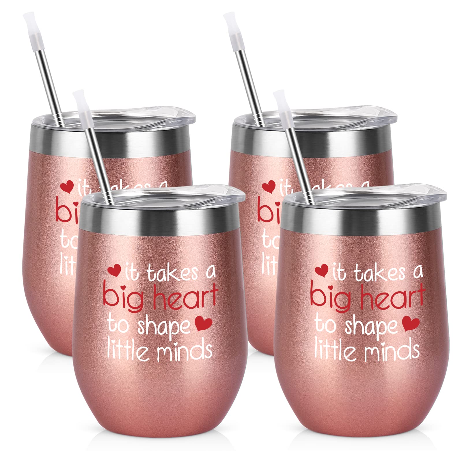 4-Pack Rose Gold Stainless Steel Wine Tumblers with Lids - 12oz Teacher Appreciation Gifts Bulk Set for Women, Perfect for Birthday, Christmas & Thank You Presents - Ideal for Coffee, Wine & Beverages at School, Home or Office