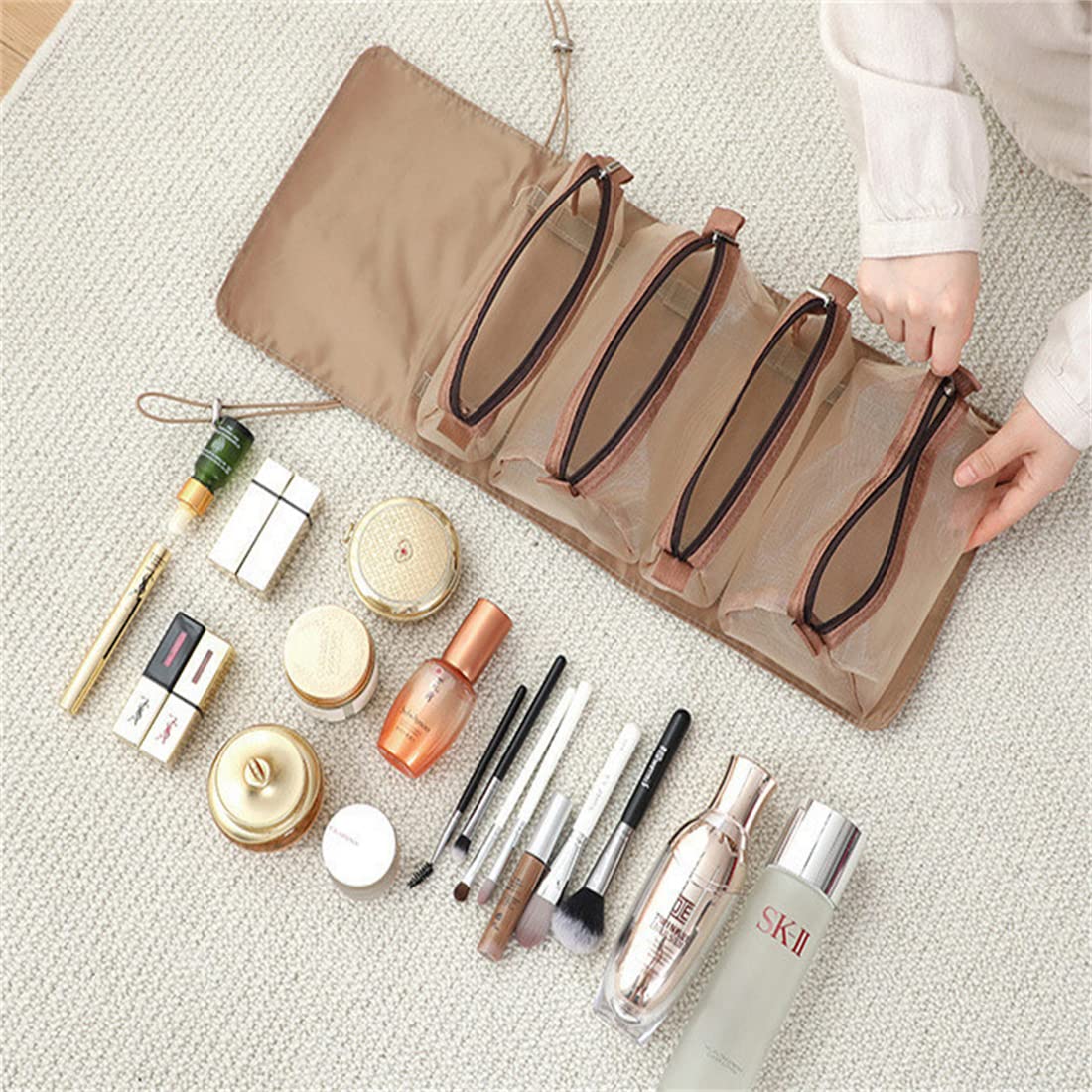 Large Waterproof Hanging Makeup Bag - Foldable Travel Cosmetic Organizer with Detachable Compartments for Toiletries (Brown) | Perfect for Travel, Gym, and Daily Organization