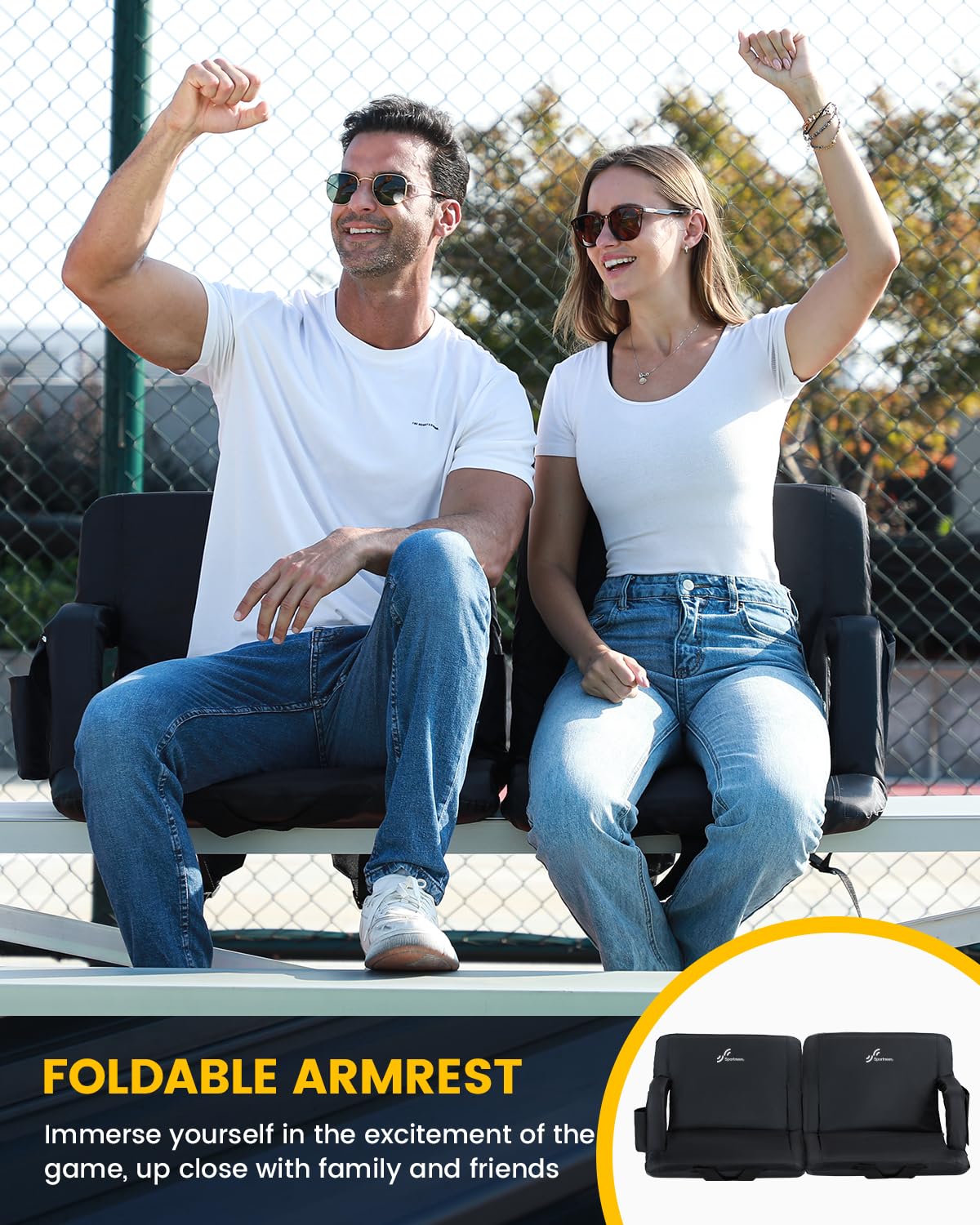 Sportneer Extra Wide Stadium Seats with Back Support - 2 Pack Padded Bleacher Chairs with Armrests & 6 Reclining Positions - Comfortable Folding Stadium Seating for Sports Events, Camping, Concerts & Outdoor Activities