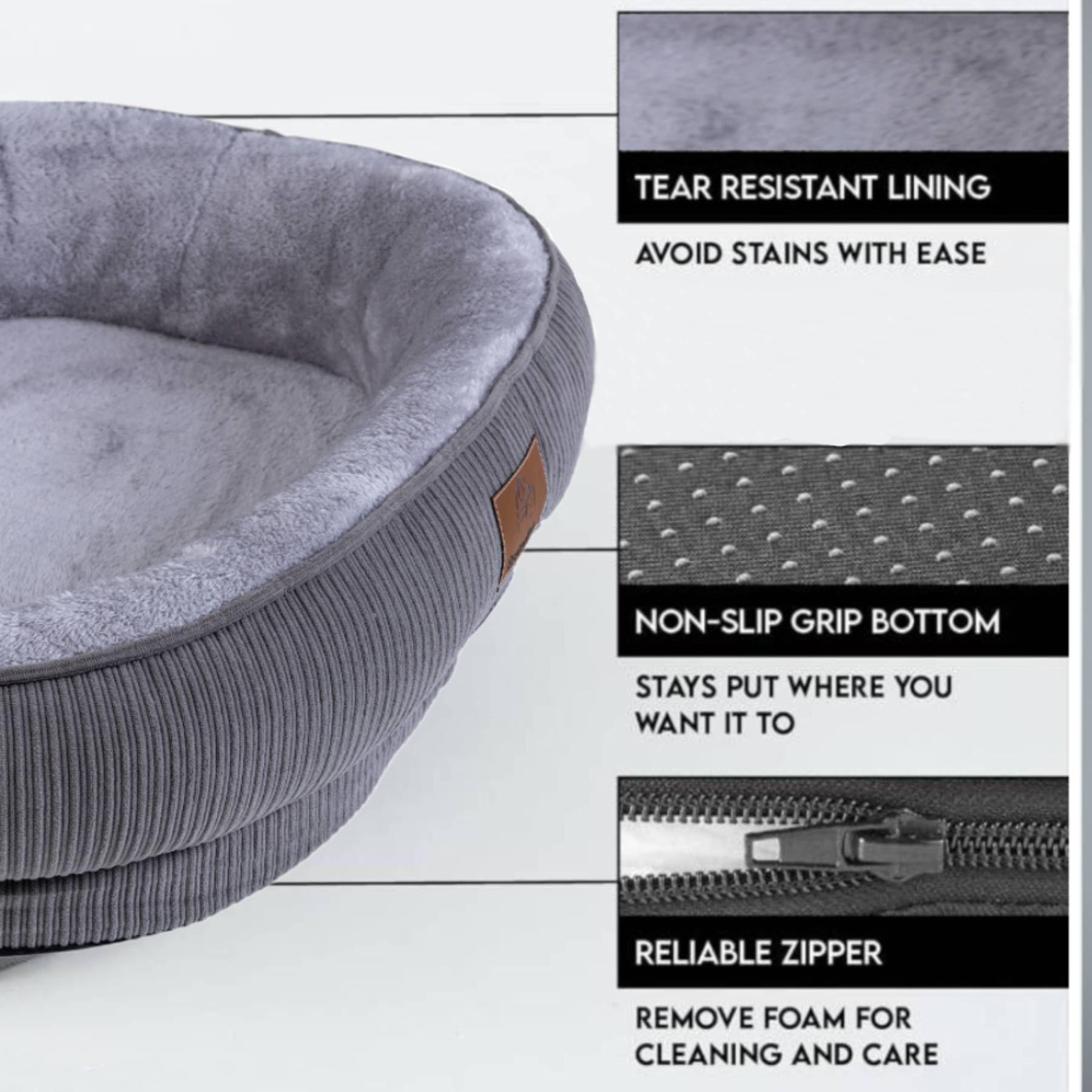 Round Calming Bolster Dog Bed with Removable Washable Cover - Medium & Small Dog Sofa Bed for Puppies (Grey, 25.6'' x 21.6'' x 6.3'') - Perfect for Crates, Living Rooms & Pet Anxiety Relief
