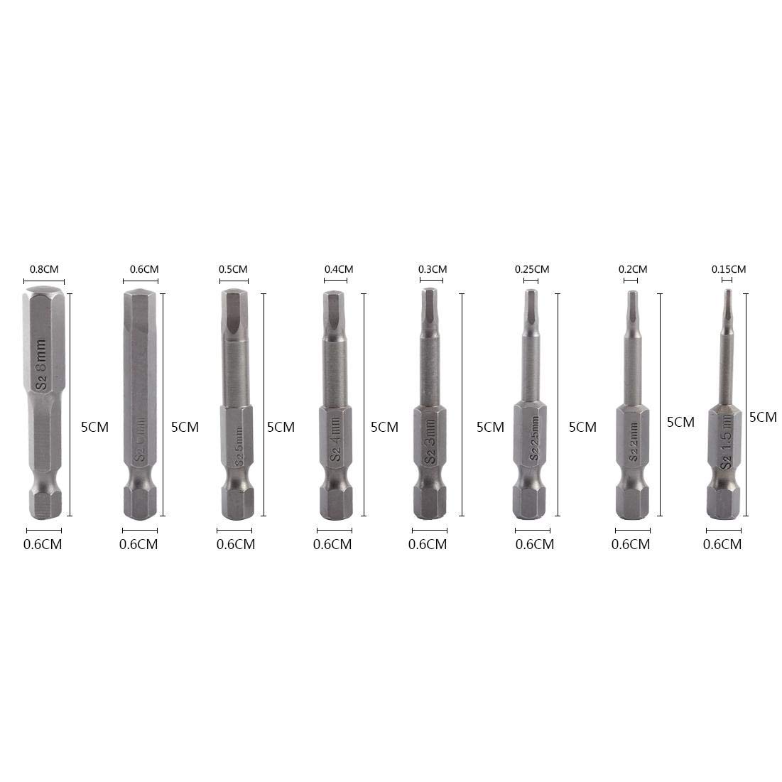 50mm 1/4 Inch Hex Shank Magnetic Hex Head Screwdriver Bits Set (8pcs) - H1.5 to H8 Sizes for Electric Drivers & Hand Tools - Perfect for DIY Projects, Furniture Assembly & Home Repairs
