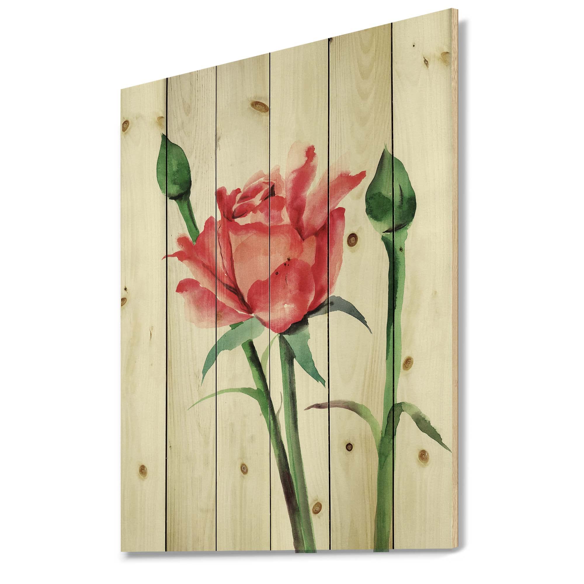 DesignQ Red Rose With Buds - Traditional Floral Print on Natural Pine Wood for Home Decor, Wall Art, and Gift Giving