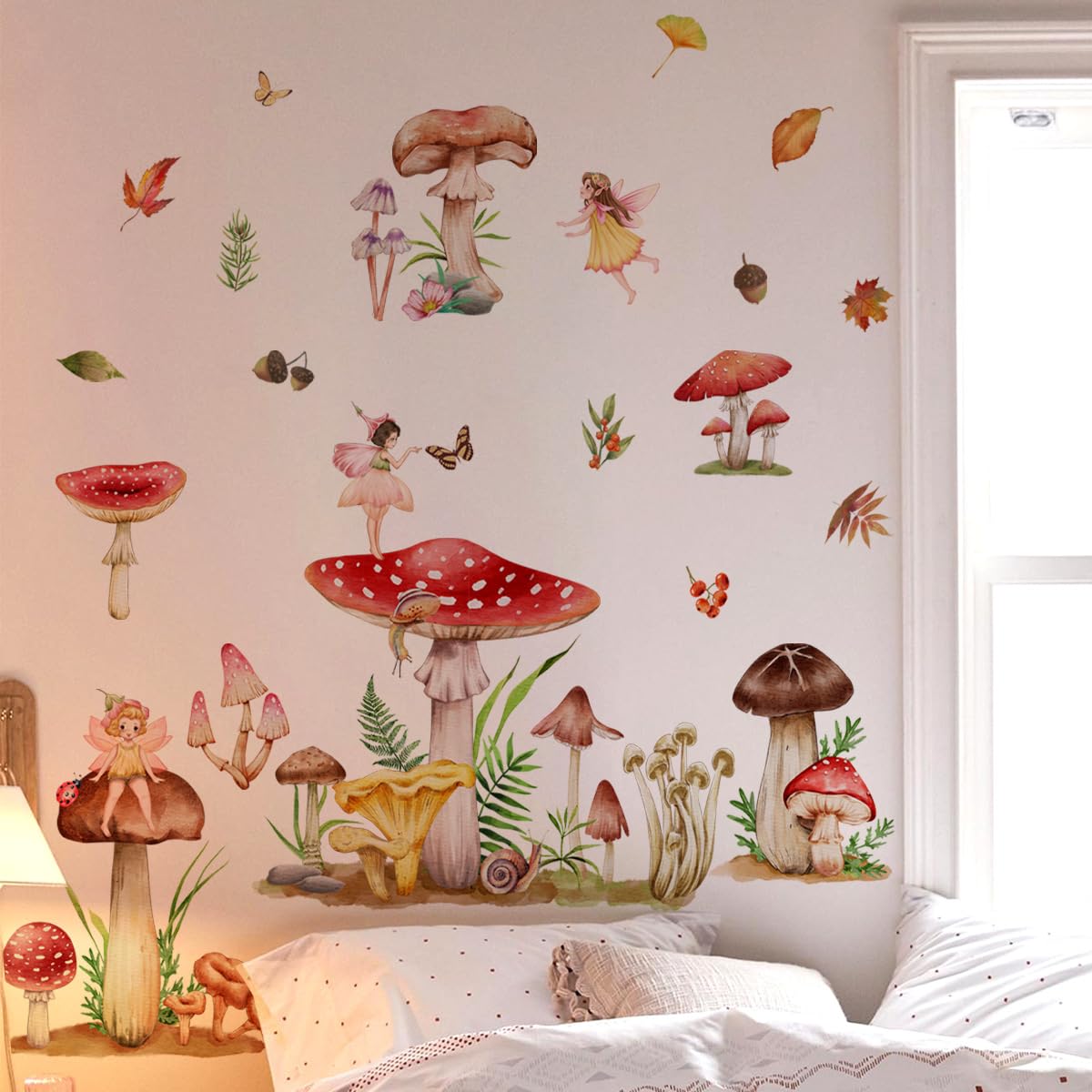 Fairy Forest Mushroom Wall Decals - Woodland Nursery Stickers for Girls Bedroom, Living Room & Kitchen - Fall Leaves & Nature-Themed Room Decor - Perfect for Kids Rooms, Playrooms & Home Interior Design