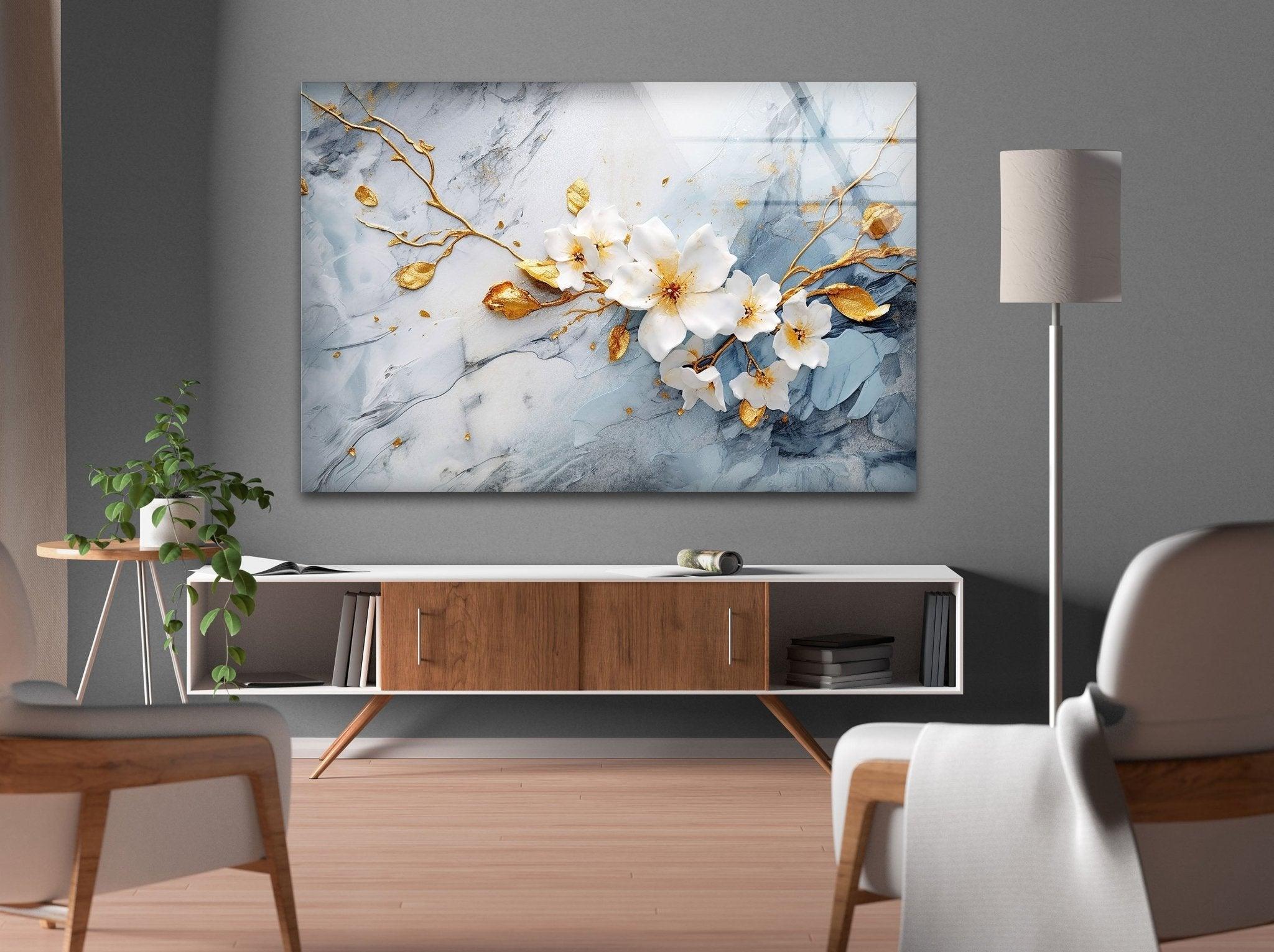 Alcohol Ink White Flower Glass Wall Art - Handmade Modern Home Decor for Living Room, Bedroom & Office - Unique Gift Idea