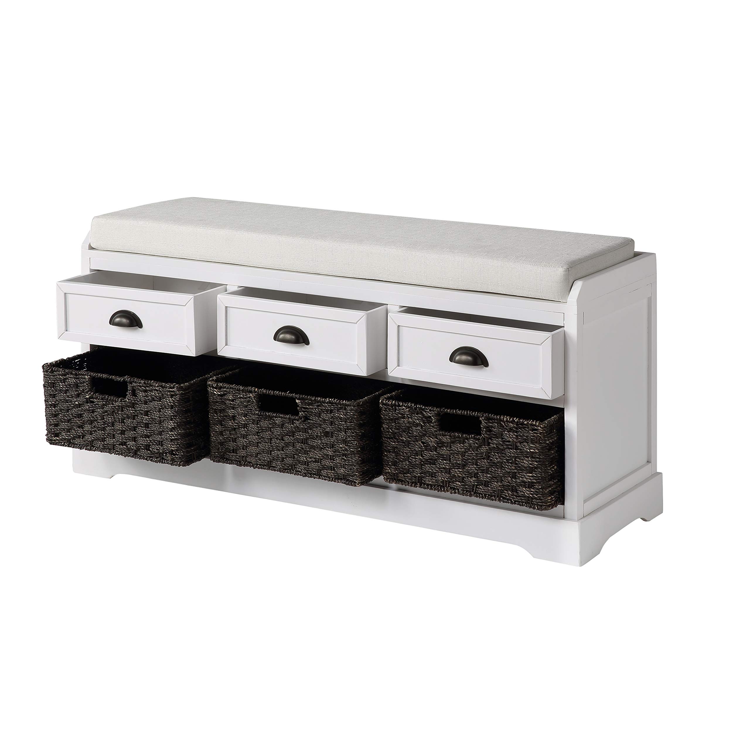 Wooden Storage Bench with 3 Drawers & Wicker Baskets - Entryway Shoe Bench with Removable Cushion for Hallway, Living Room, Bedroom - White Home Furniture for Organizing Shoes, Blankets & Home Decor