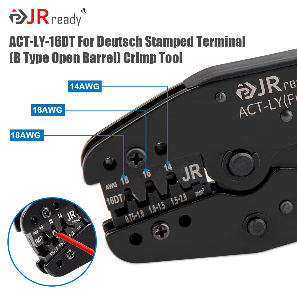 JRready ACT-LY-16DT Deutsch Crimp Tool - Professional Open Barrel Terminal Crimper for DT Connectors (16 Size, 18-14AWG) | Ideal for Automotive Wiring, Electrical Repairs & DIY Projects