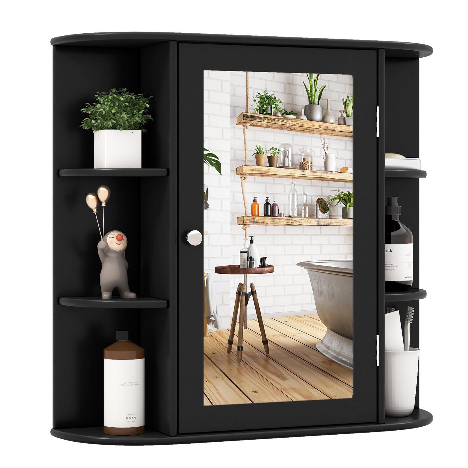 Tangkula Black Wall Mounted Bathroom Medicine Cabinet with Mirror - Adjustable Shelves, 6 Open Storage & Door - Space Saving Bathroom Organizer for Toiletries, Cosmetics & Essentials | Perfect for Small Bathrooms, Vanities & Home Decor