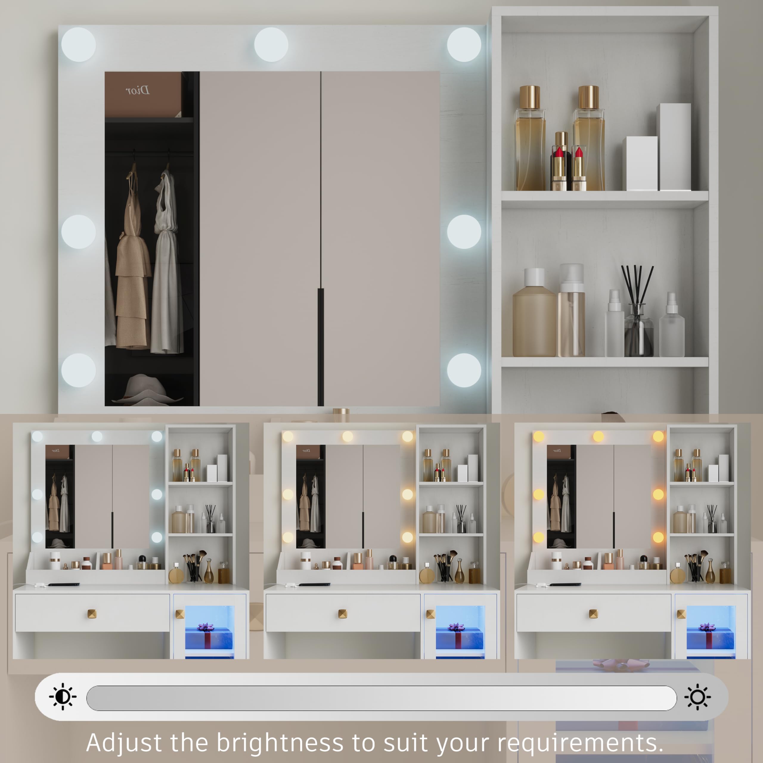 Vanity Desk with Mirror and LED Lights, Makeup Dressing Table with USB Charging Station, RGB Storage Cabinet & Large Drawer, White Bedroom Furniture for Women - Perfect for Makeup Application, Skincare Routine and Home Decor