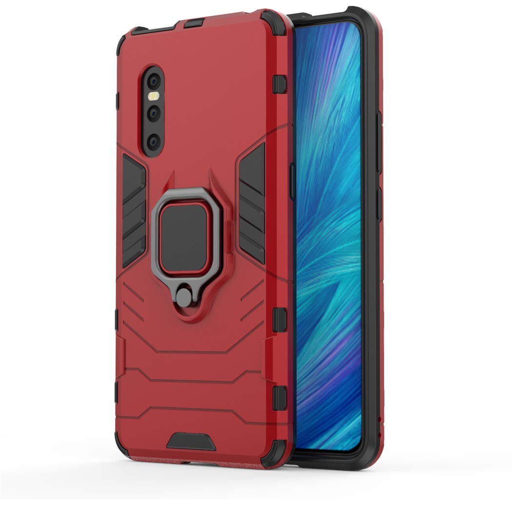 Shockproof Hard Bumper Case for Vivo X27 with Metal Ring Grip & Kickstand - Magnetic Car Mount Compatible, Dual Layer Rugged Protective Cover (Red) - Perfect for Outdoor Activities, Travel, and Daily Use