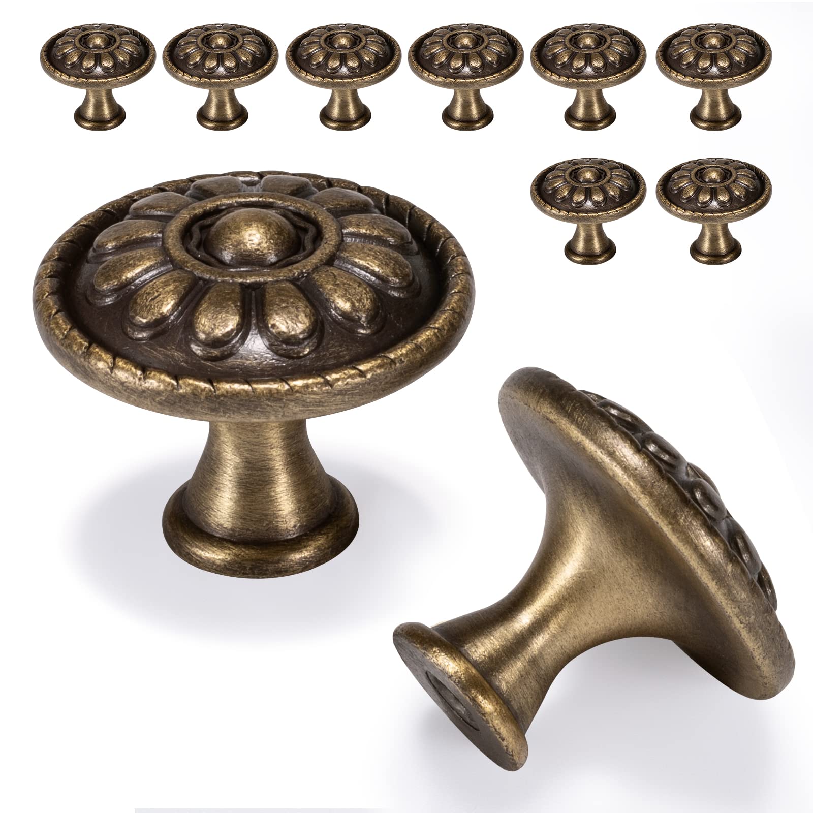 10 Pack Antique Brass Cabinet Knobs - Vintage Solid Round Drawer Pulls for Nightstands & Dressers (1.18
