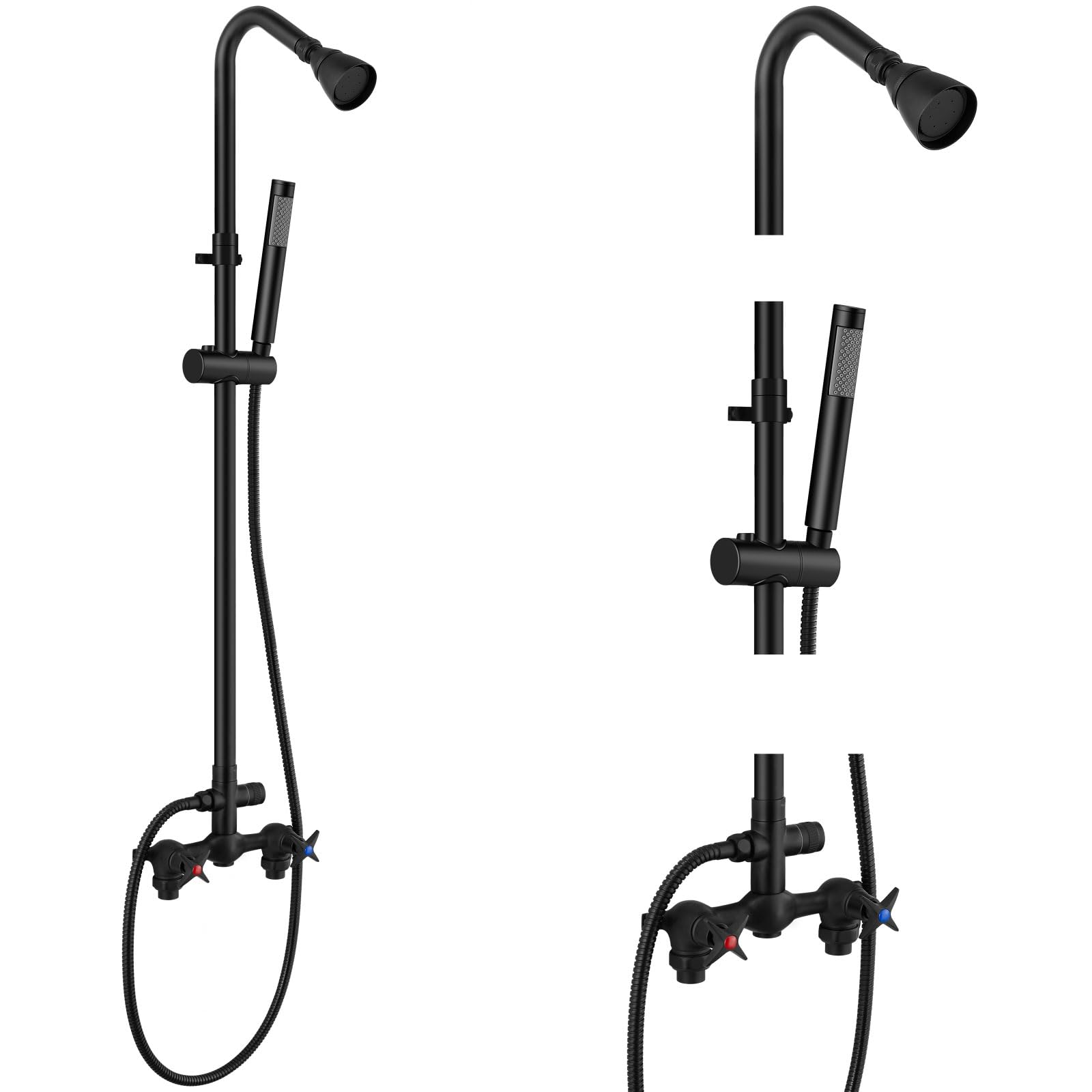 Aolemi Matte Black Wall Mount Outdoor Shower Kit with Handheld Spray - 6 Inch Center Exposed Double Handle Faucet System - Perfect for Poolside, Beach House, Garden & Backyard Use