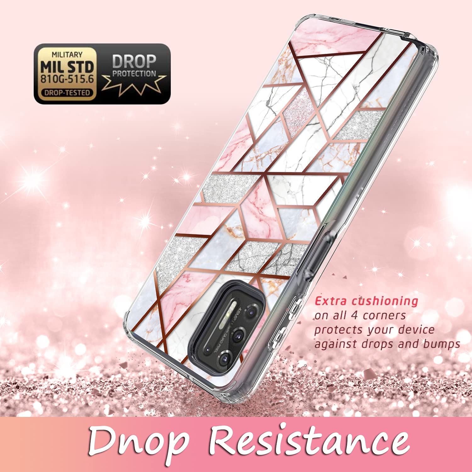 Rosebono Moto G Stylus 2021 Case - Hybrid Bling Glitter Sparkle Laser Pink with Polygon Geometric Marble Design | Fashionable Protective Cover for Women & Teens | Perfect for School, Work & Daily Use