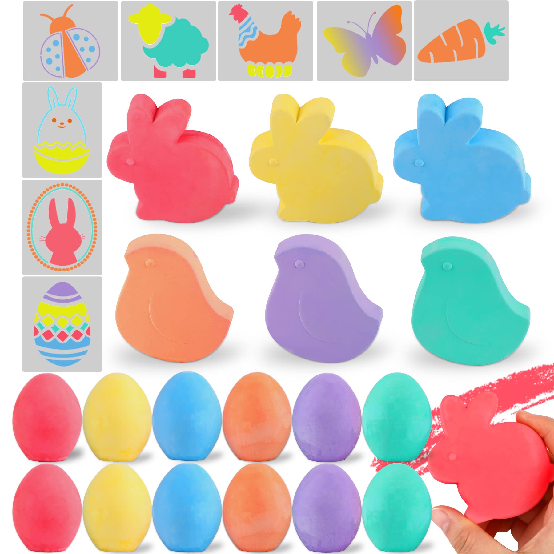 26 Pack Easter Sidewalk Chalk and Stencils Set - Washable Non-Toxic Chalk for Kids with Bunny & Egg Stencils - Perfect for Easter Basket Stuffers, Outdoor Play, Birthday Party Favors & Creative Sidewalk Art