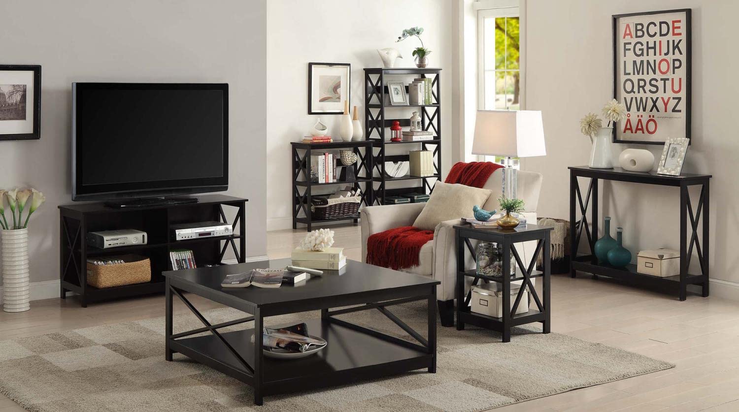 Convenience Concepts Oxford 5-Tier Bookcase in Black - Sturdy Bookshelf for Home Office, Living Room & Bedroom Storage