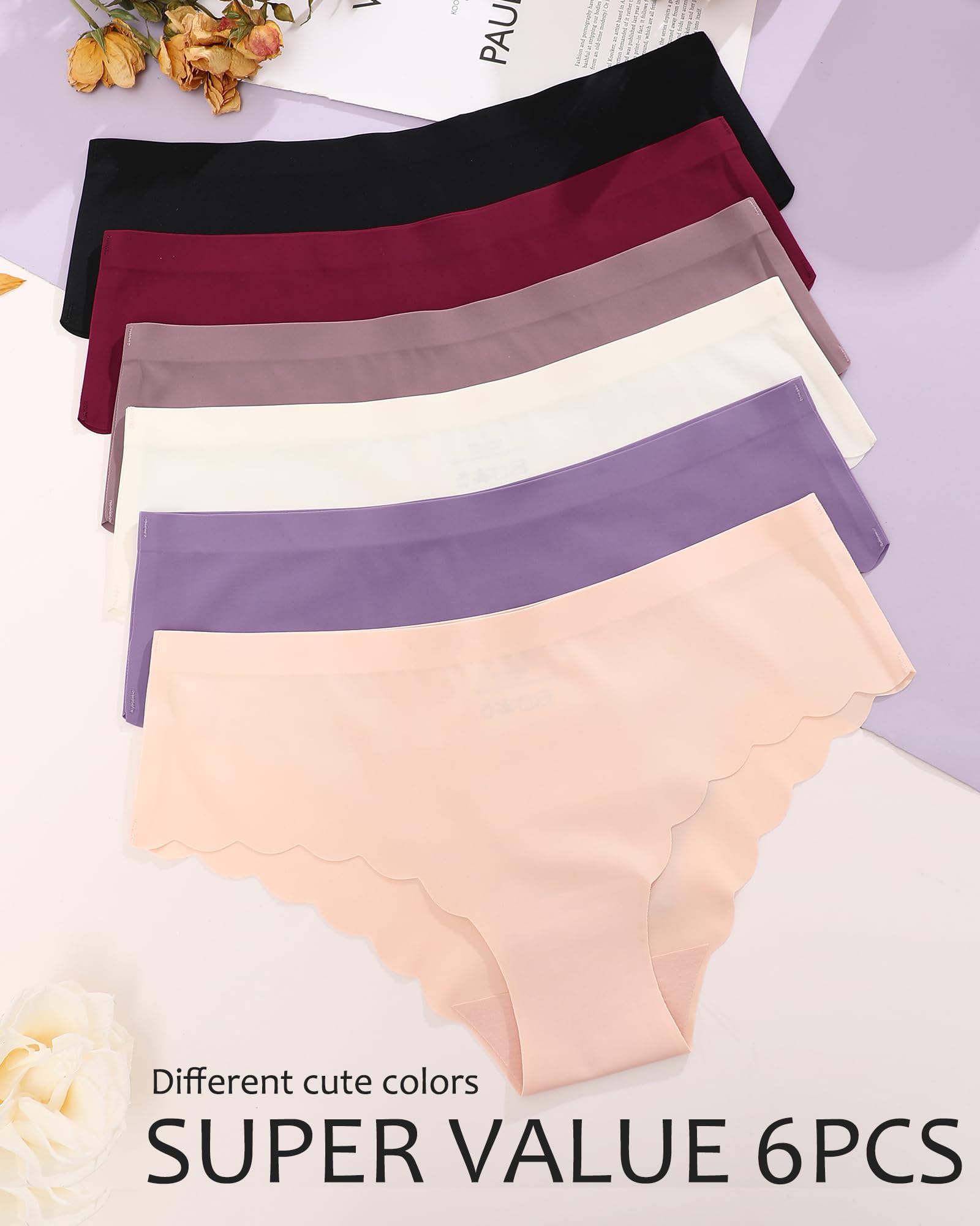 FINETOO 6 Pack Women's Seamless Underwear - Sexy Low Rise Hipster Panties with Wave Edge, No Show Bikini Briefs (S-XL) - Perfect for Everyday Wear, Lounge & Date Nights
