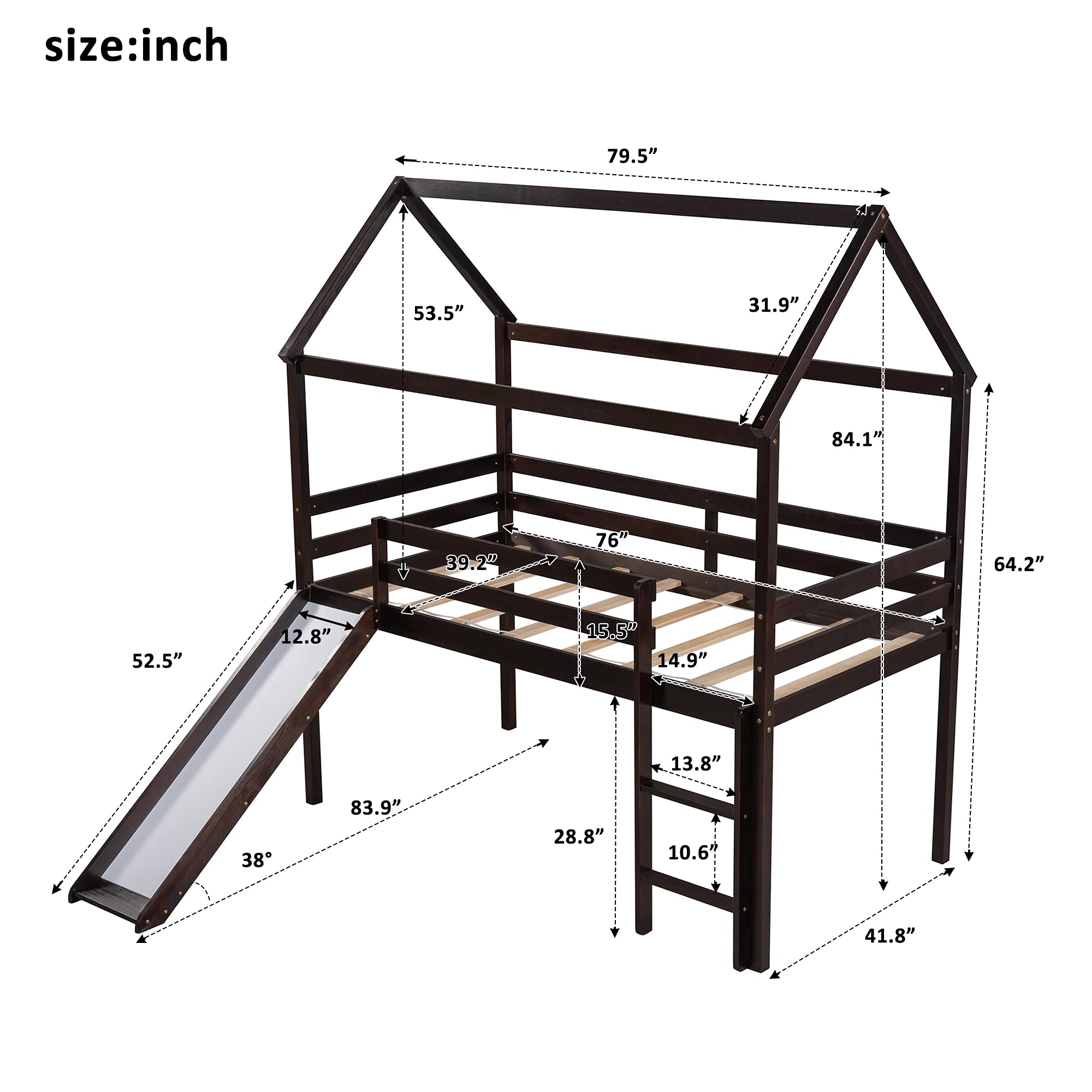 Solid Wood Kids Loft Bed with Slide - Twin Size Wooden House Bed Frame with Roof & Ladder - No Box Spring Needed - Espresso Finish - Perfect for Small Bedrooms, Playrooms & Kids' Sleepovers