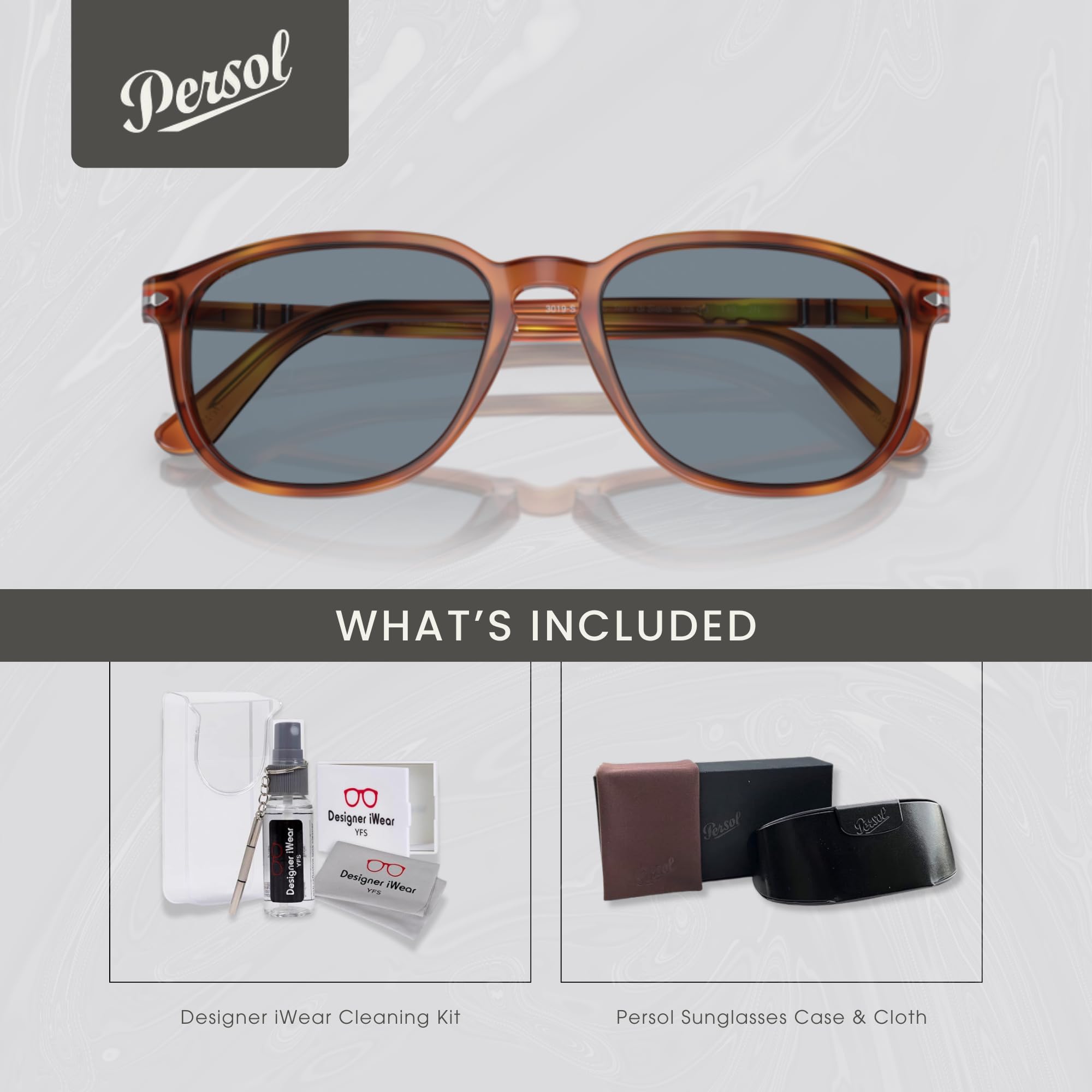 Persol PO3019S Square Sunglasses for Men - Polarized UV Protection, Classic Italian Design + Premium iWear Cleaning Kit | Perfect for Driving, Travel & Outdoor Activities