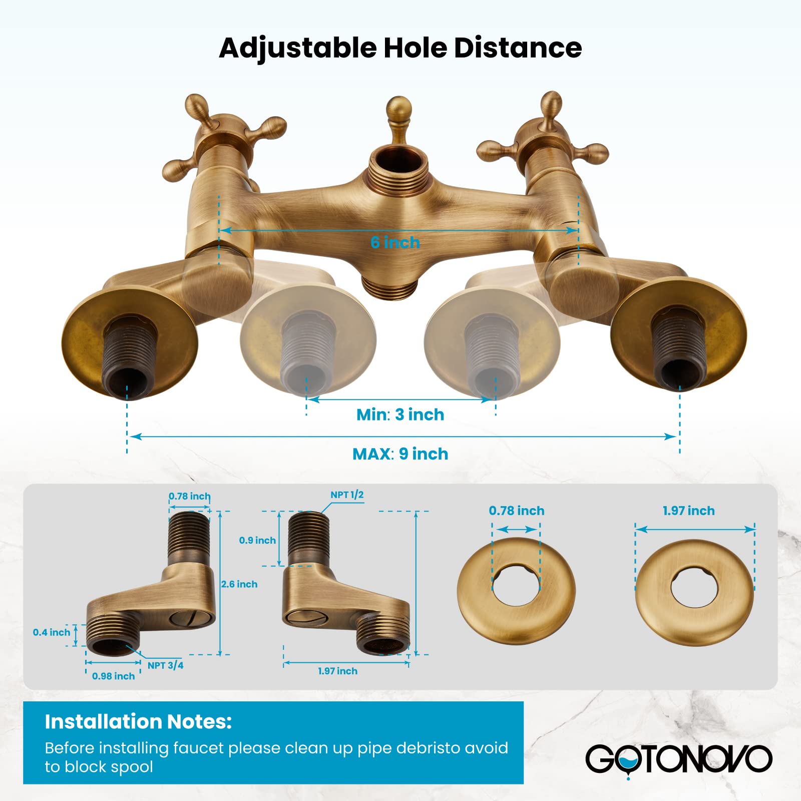 Gotonovo Victorian Clawfoot Bathtub Faucet Set - 6 Inch Center Adjustable Swing Arms, Handheld Shower & Double Cross Handle in Antique Brass - Perfect for Vintage Bathroom Renovations and Luxury Spa Experiences