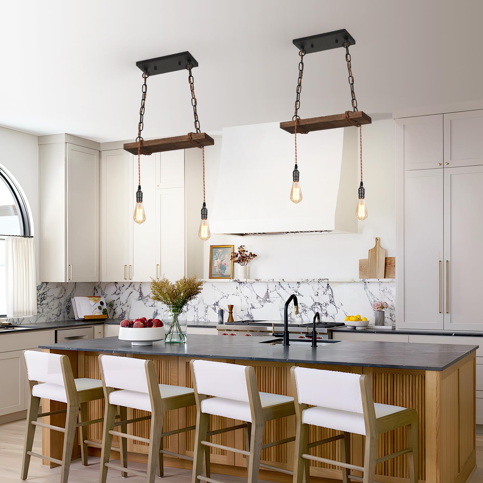 Farmhouse Pendant Lights for Kitchen Island - 2-Light Rustic Wooden Ceiling Hanging Light Fixture with Adjustable Height - Perfect for Dining Room, Bar, Pool Table, Cabin & Farmhouse Decor