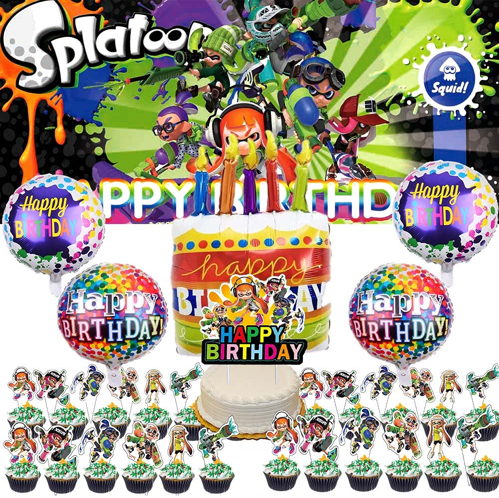 Splatoon Party Decorations Set - Cake Topper, Banner, Backdrop & Balloons for Kids Birthday Party | Perfect for Boys & Girls Themed Celebration | Birthday Decor, Gaming Party Supplies