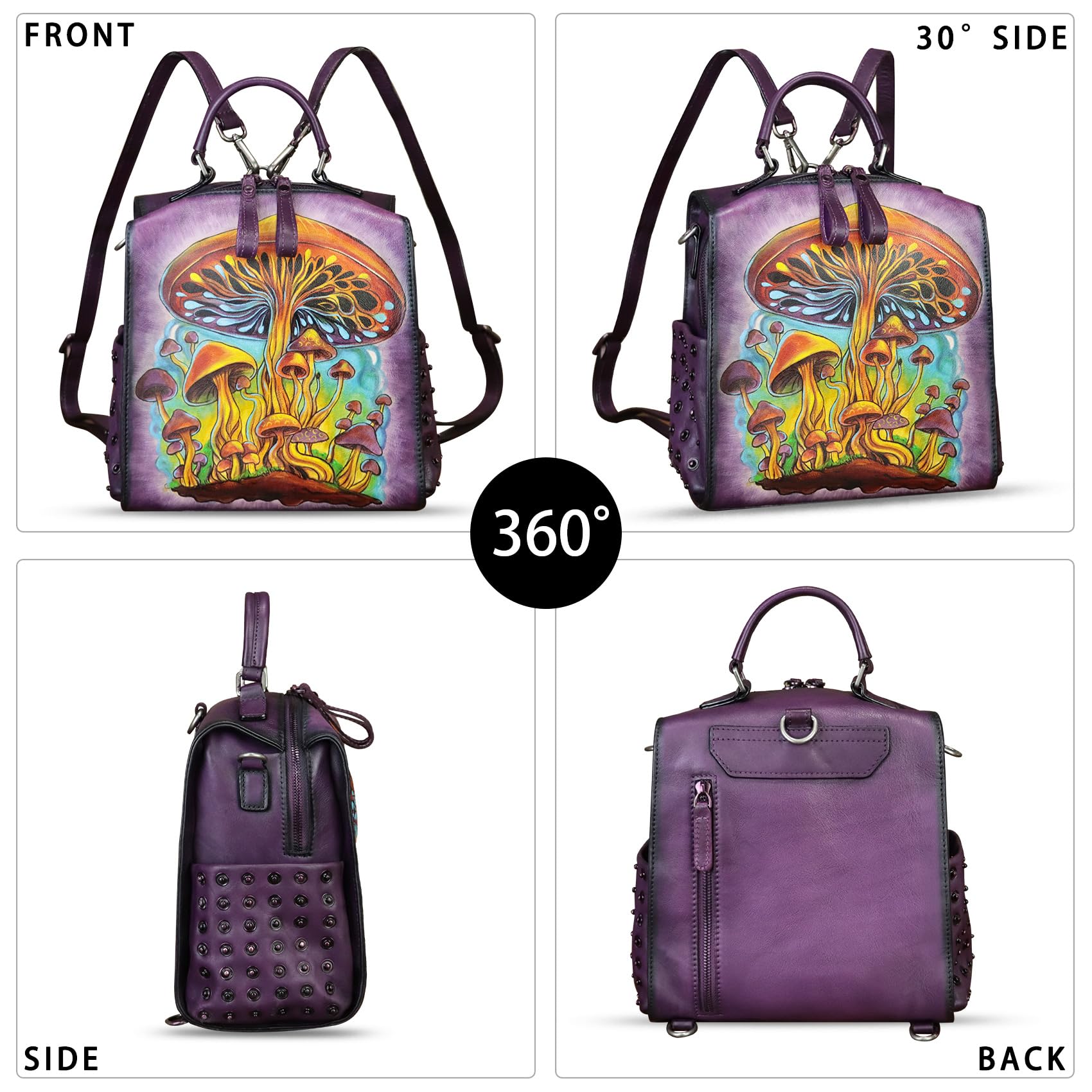 Handmade Genuine Leather Satchel for Women - Crossbody Purse, Top Handle Bag & Convertible Backpack - Unique Hand-Painted Design - Perfect for Work, Travel & Everyday Use