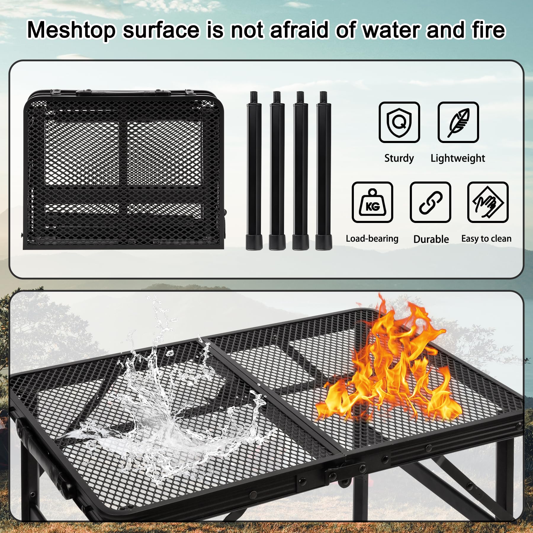 Foldable Grill Table with Mesh Top - Lightweight & Adjustable Height for Camping, Picnics, BBQs - Portable Outdoor/Indoor Cooking & Dining Solution
