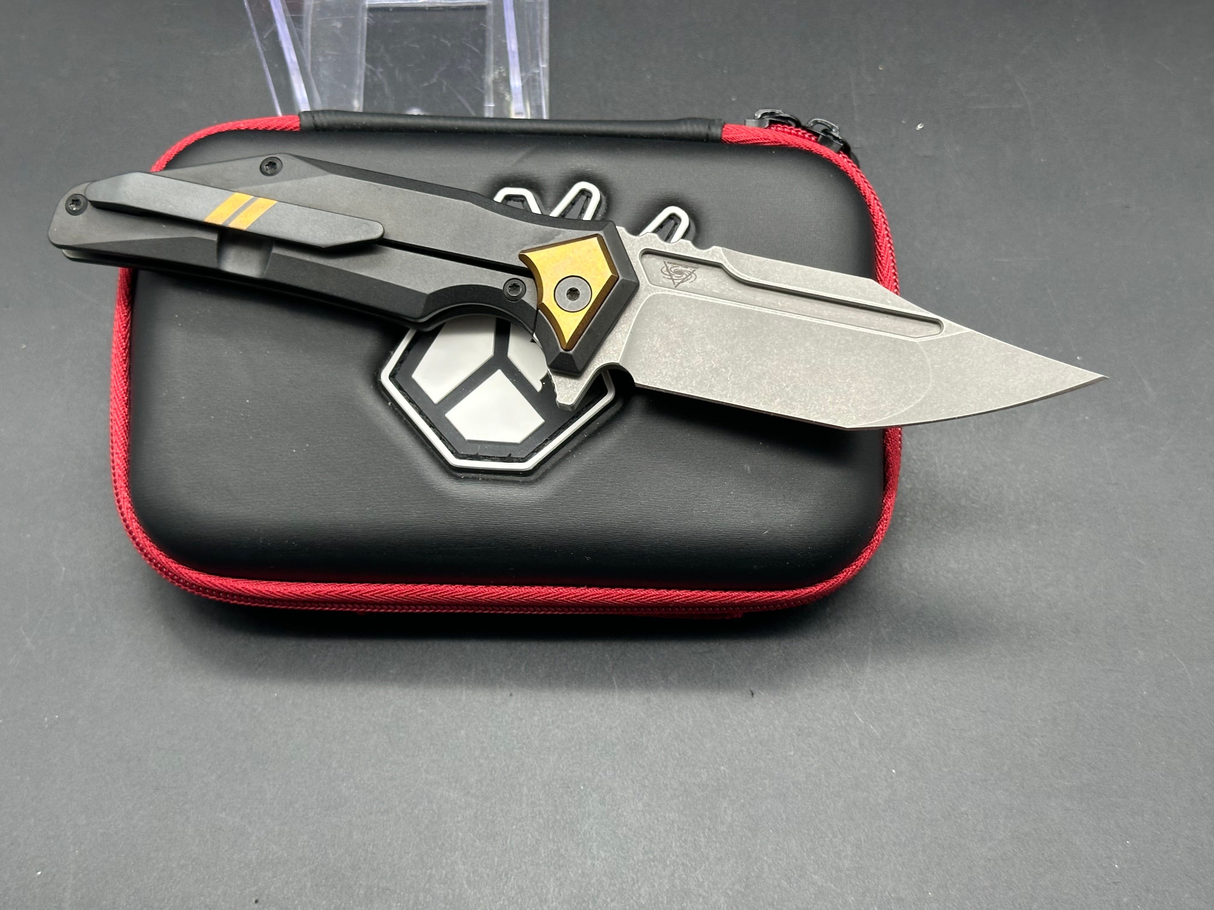 Arcane Design Abyss Custom Charcoal Grey Titanium Frame Knife with Bronze Anodized Bolster & Stonewash Bohler M390 Blade - EDC, Outdoor, Camping, Survival Gear