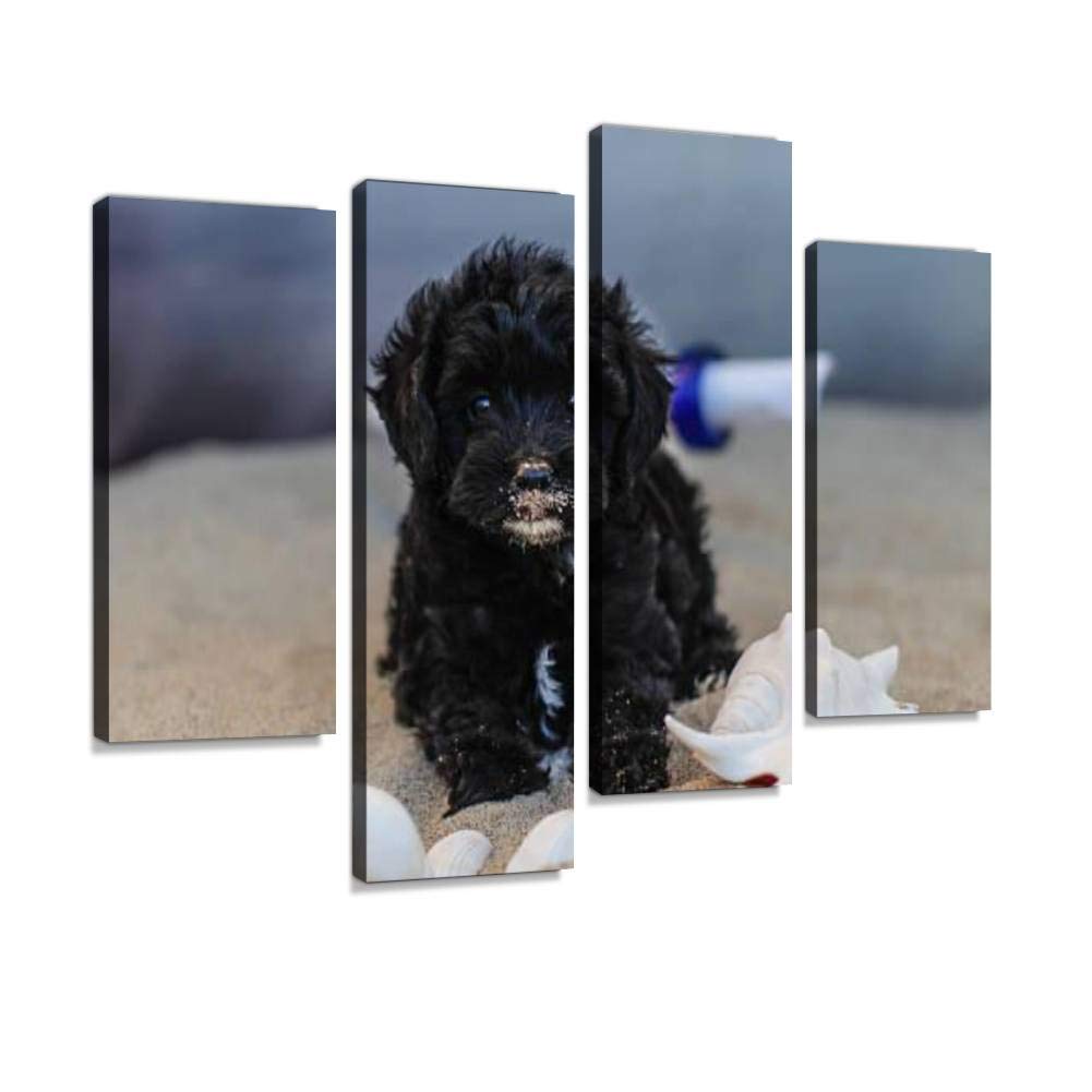 IGOONE 4-Panel Canvas Wall Art - Black Poodle Puppy Beach Painting - Modern Framed Poster Ready to Hang for Living Room, Bedroom & Office Decor - Perfect for Coastal, Pet Lover & Contemporary Home Decor