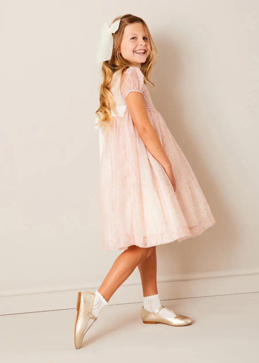 Constance Floral Hand Smocked Short Sleeve Party Dress for Girls in Pink - Sizes 12 Months to 10 Years | Perfect for Birthday Parties, Easter, Christmas & Special Occasions