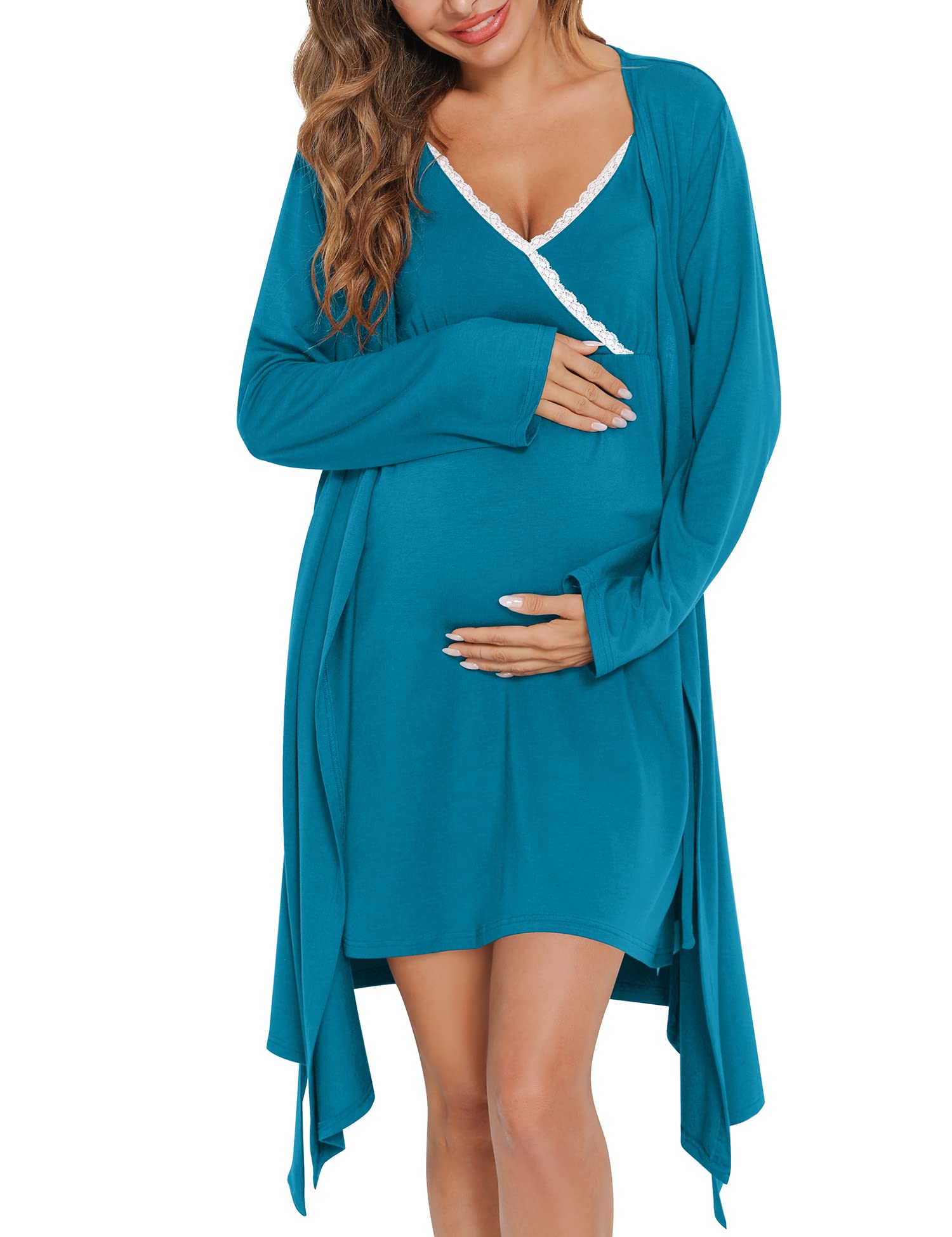 SWOMOG Women's 2-Piece Maternity Robe & Nursing Nightgown - 3-in-1 Breastfeeding Dress with Lace Trim for Labor, Delivery & Postpartum Comfort | Soft Hospital Gown for New Moms, Nursing Cover & Lounge Wear