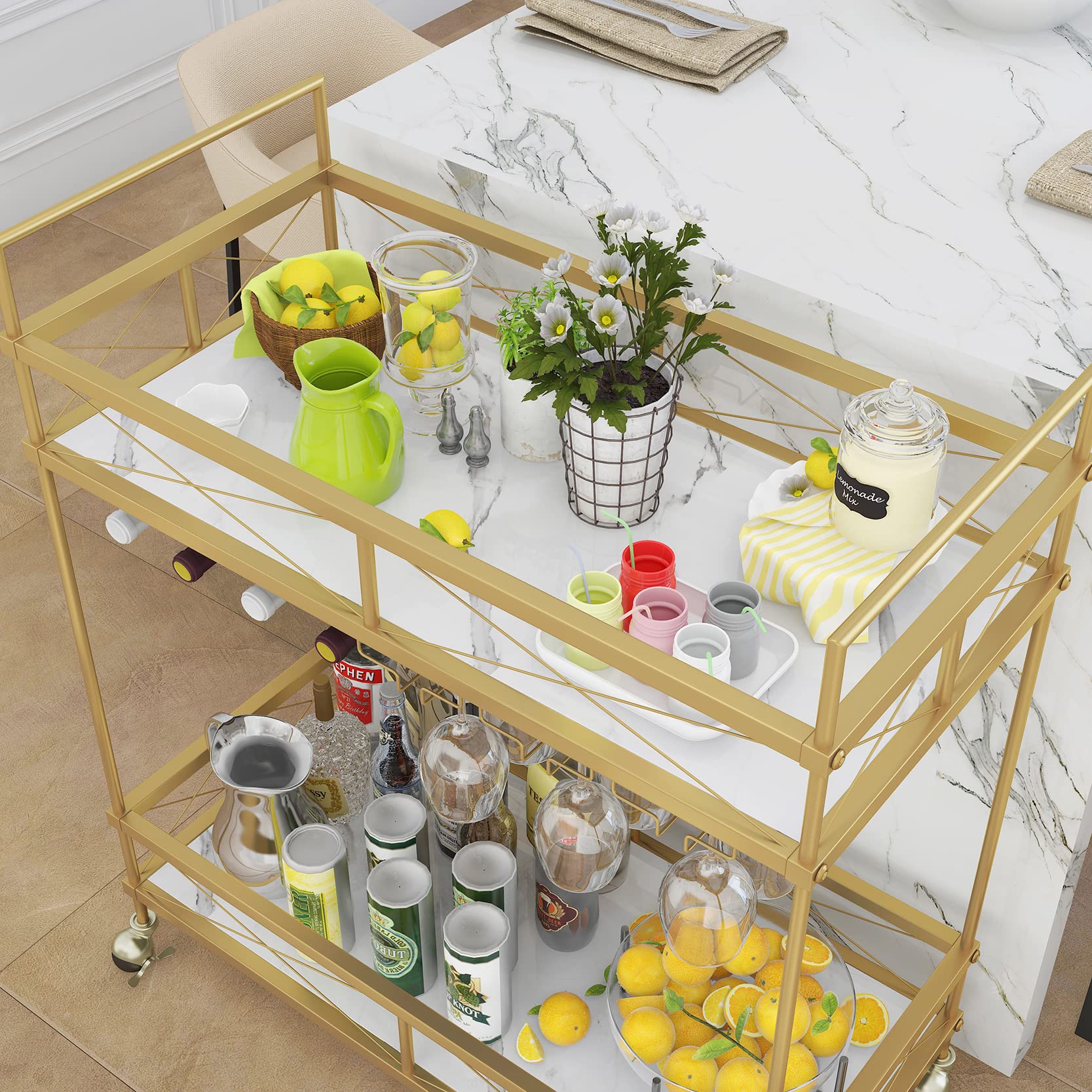 ASYA Gold Home Bar Serving Cart with Marble Shelves & Wine Rack - Modern Rolling Mini Bar Cart for Dining Room, Living Room, Home Bar - Perfect for Cocktail Parties, Wine Tasting & Home Entertaining