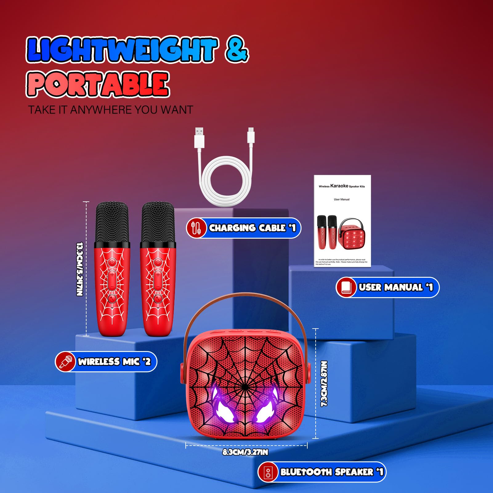 Portable Bluetooth Karaoke Machine with 2 Mics - Kids Gift for Birthday & Parties