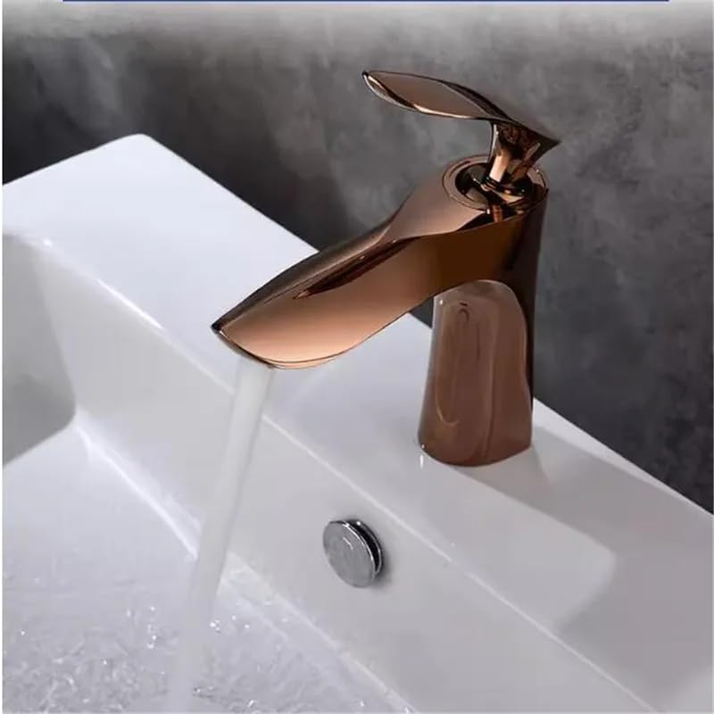 Brass Waterfall Bathroom Sink Faucet - Single Handle Mixer Tap for Living Room & Bathroom (Rose Gold)