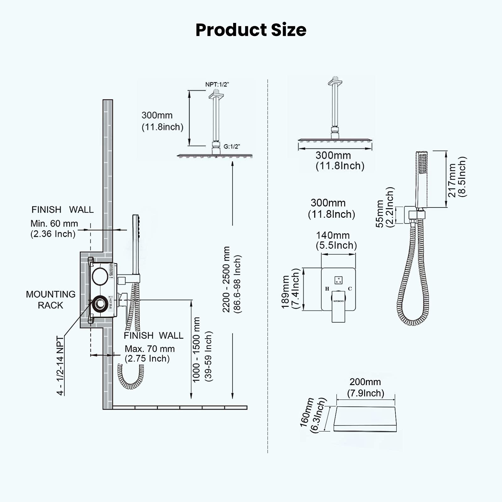 Gotonovo Matte Black 12 Inch Ceiling Mount Shower System - Rain Shower Head & Handheld Combo with Waterfall Tub Spout, Rough-in Valve Kit Included for Luxurious Bathroom Upgrade | Perfect for Modern Home, Spa Experience, and Relaxing Shower Time