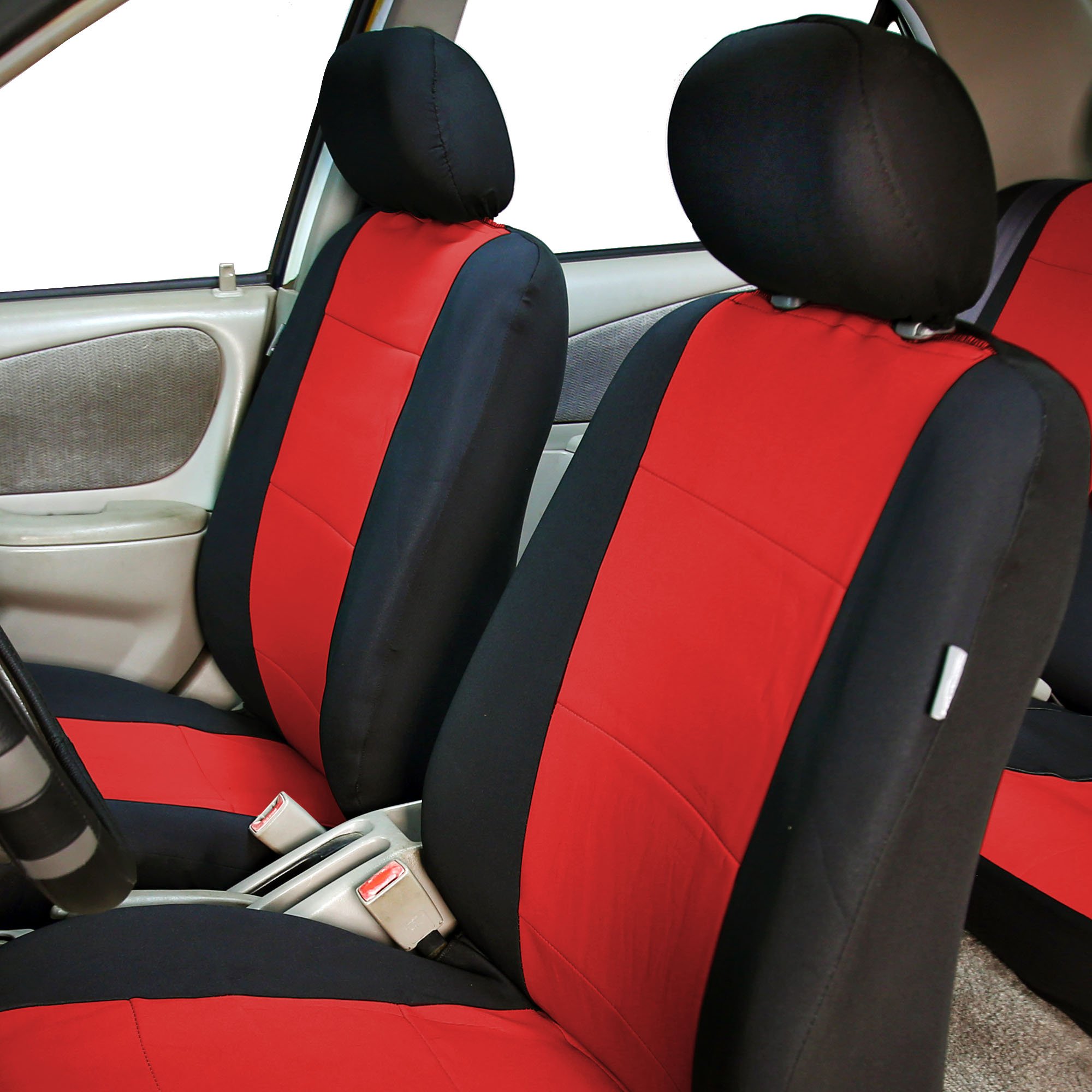 TLH Neoprene Red Car Seat Covers for Low Back Seats – Universal Fit, Airbag Compatible, Removable Headrest – Durable SUV & Van Seat Protectors for Comfort & Style | Perfect for Daily Commutes & Road Trips