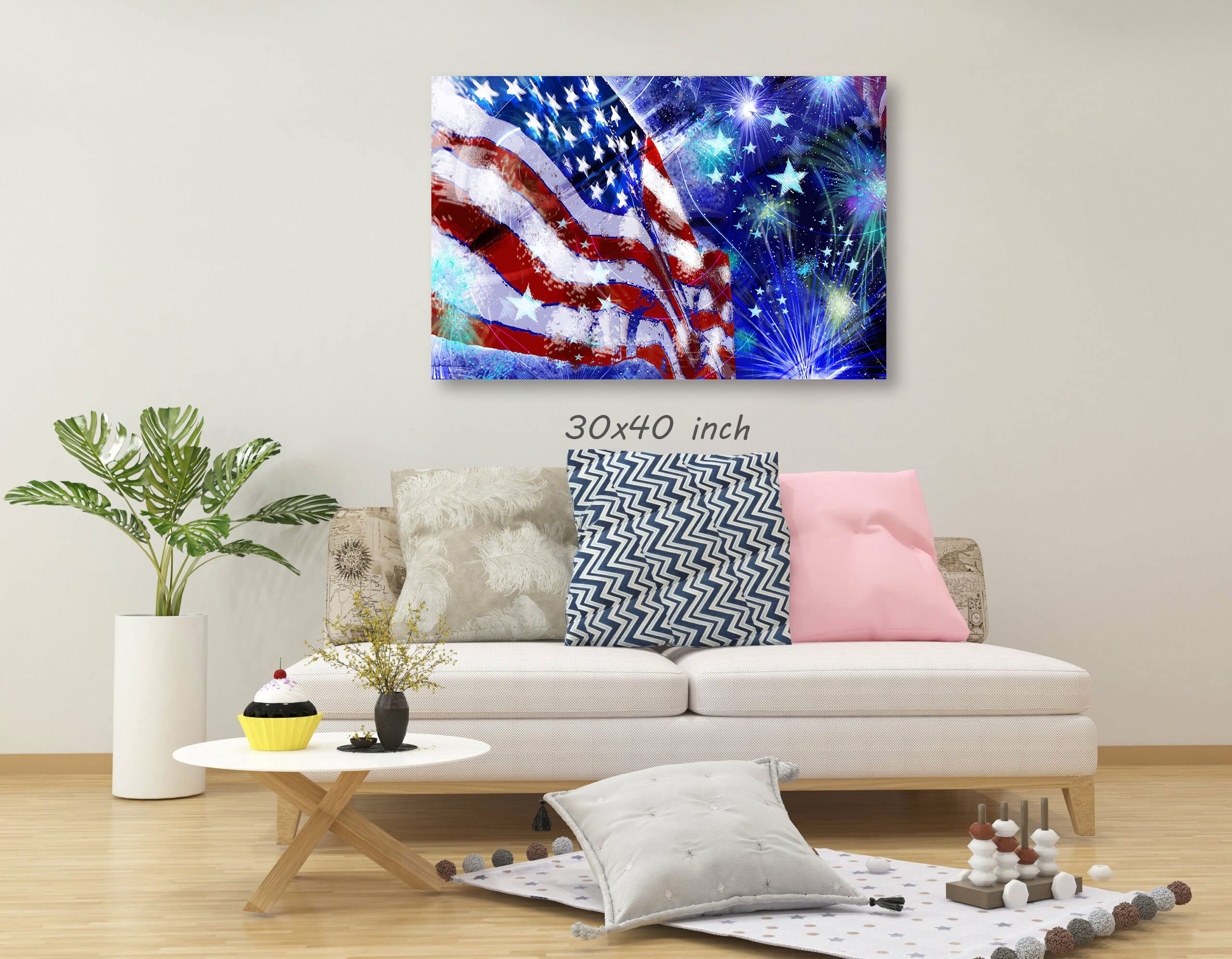 American Flag & Fireworks Canvas Wall Art - Framed Home Decor for Bedroom, Living Room, Kitchen & Bathroom - Ready to Hang 11x17 Inches - Perfect for Patriotic Holidays, Office Decor & Gift Giving