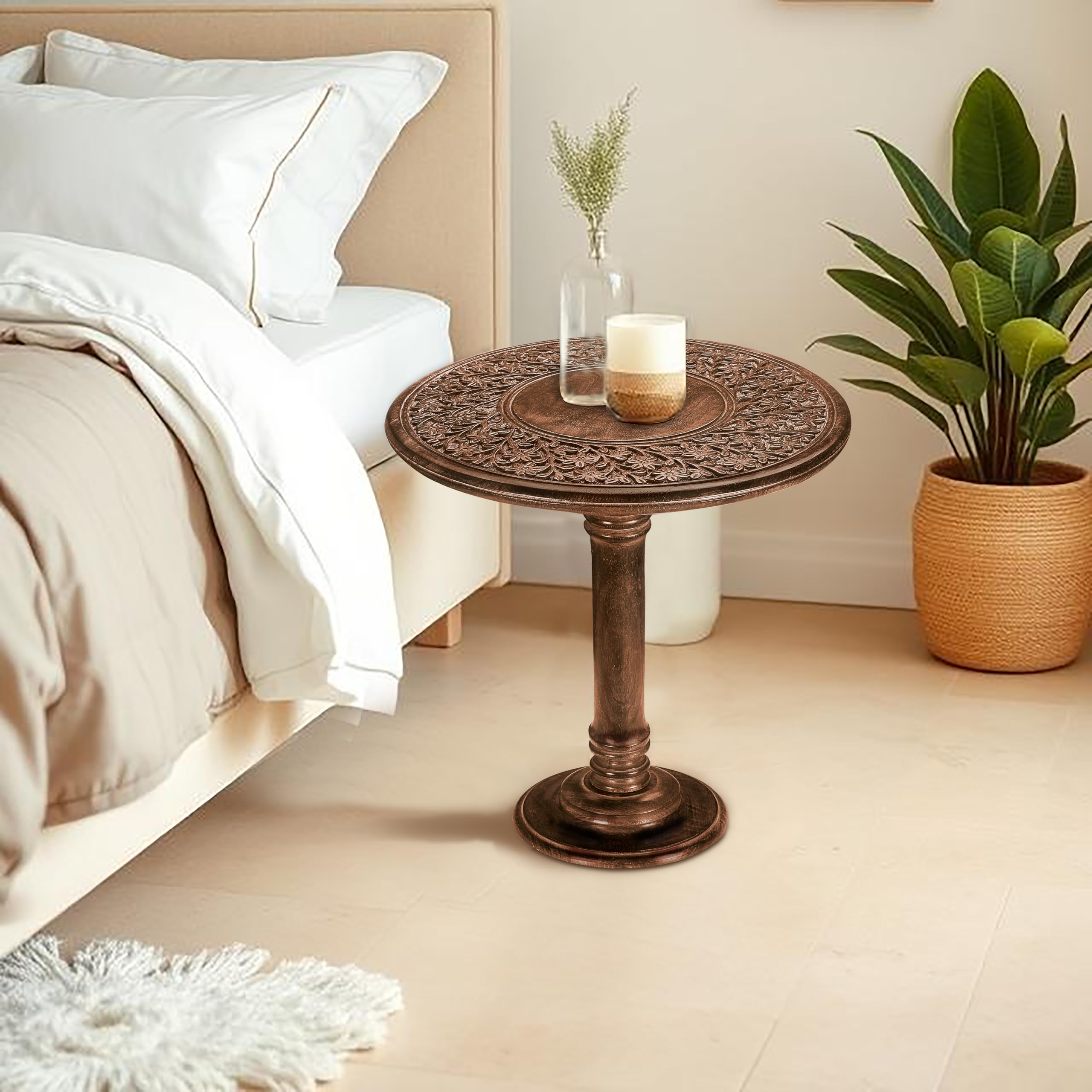 Handcrafted Wooden Coffee Table - 18x22 Inch Single Pillar End Table, Small Nightstand, Carved Side Table for Living Room & Bedroom - Perfect for Magazines, Books & Plants (Burnt Finish) - Ideal for Small Spaces, Apartments, and Cozy Home Decor