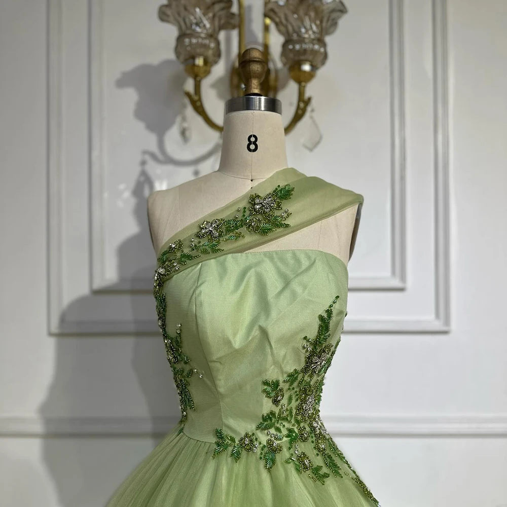 Elegant One Shoulder Sage Green Dubai Luxury A-Line Appliques Long Arabic Evening Gown LA72783 for Formal Events, Weddings & Red Carpet Occasions