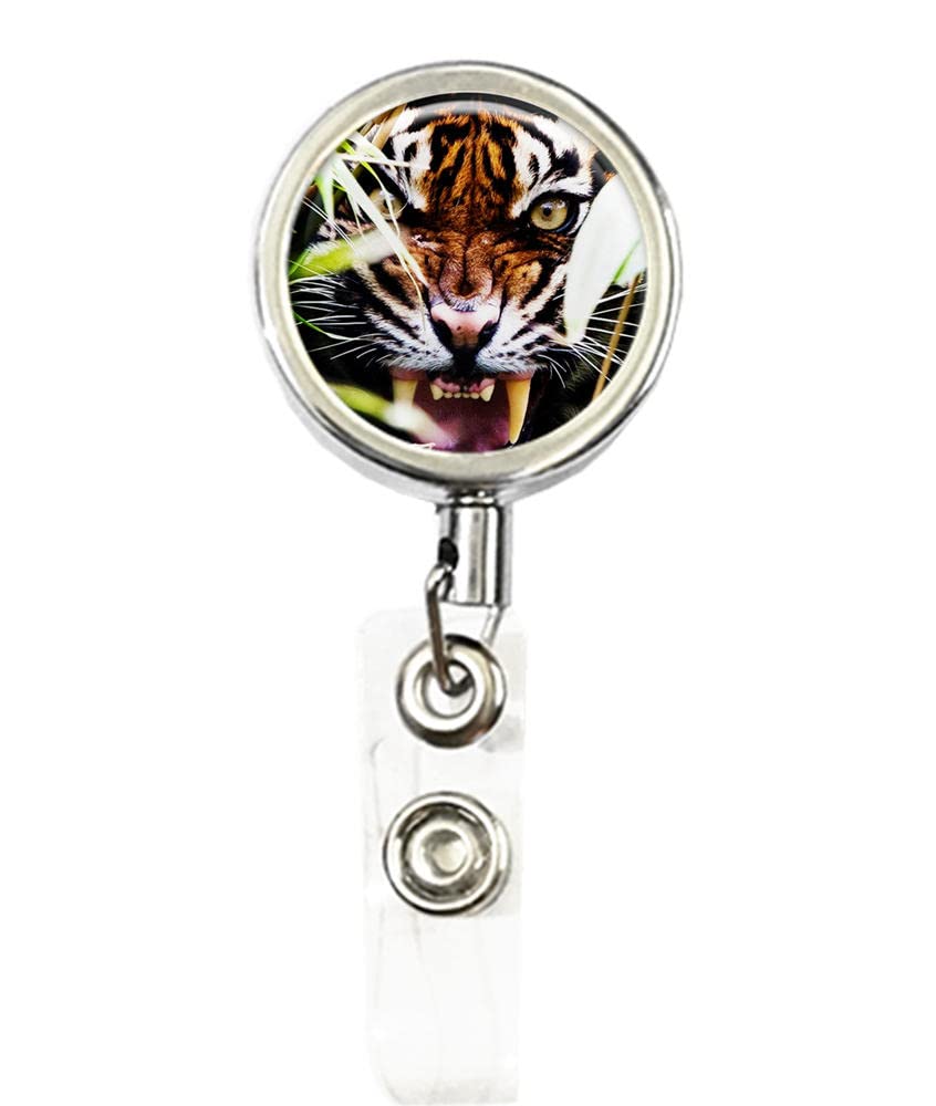 RhyNSky Tiger Roar Business ID Card Holder - Retractable Badge Reel with Belt Clip, Silver (C1057) - Perfect for Office, Security, Events & Conventions
