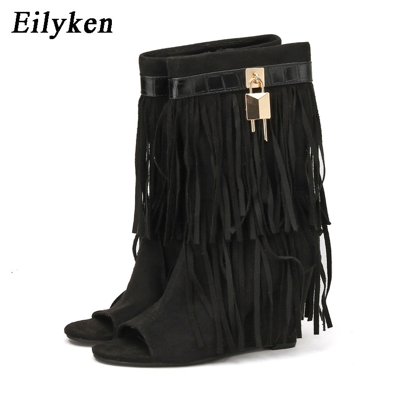 Eilyken Women's Sexy High Heel Sandals - Open Toe Fringe Wedge Booties with Zipper for Party, Prom & Evening Wear | Comfortable Designer Pumps for Night Out & Special Occasions