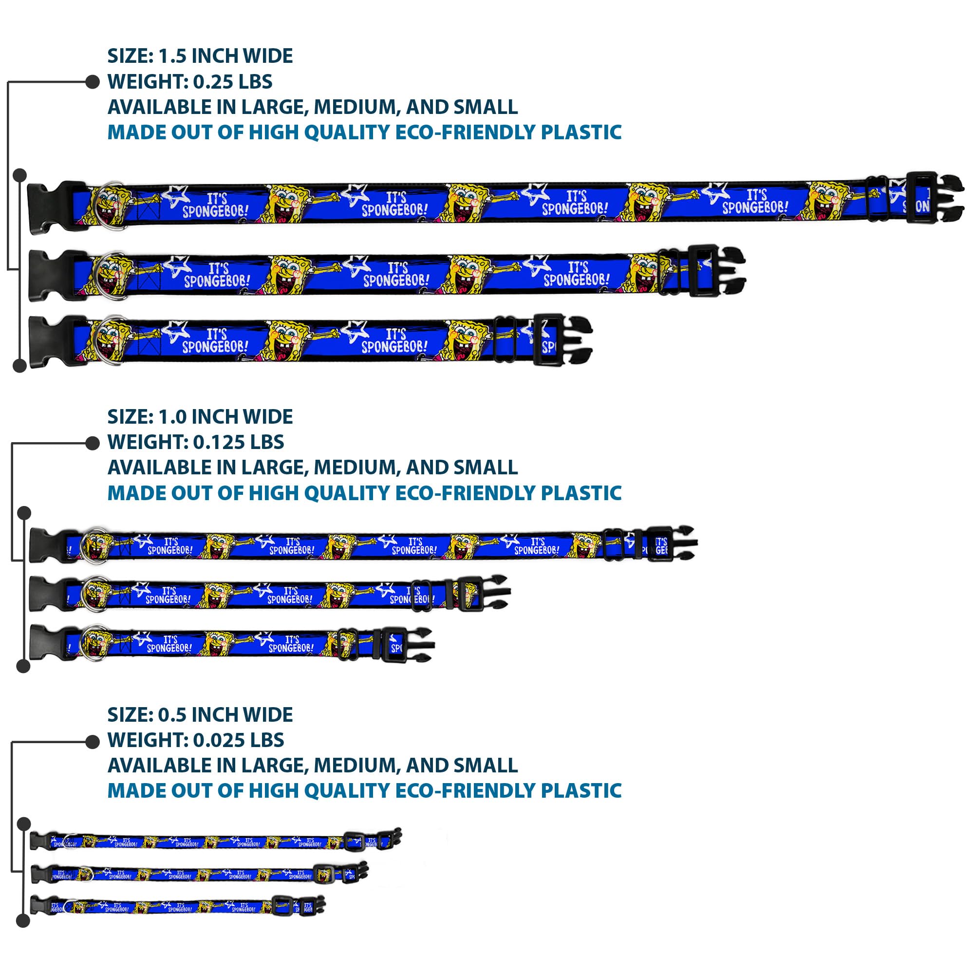 Spongebob Dog Collar with Plastic Clip - Black, Blue & White Stripes (13-18 Inches, 1.5 Inch Wide) - Perfect for Cartoon Lovers & Spongebob Fans - Great for Walks, Training & Costume Parties