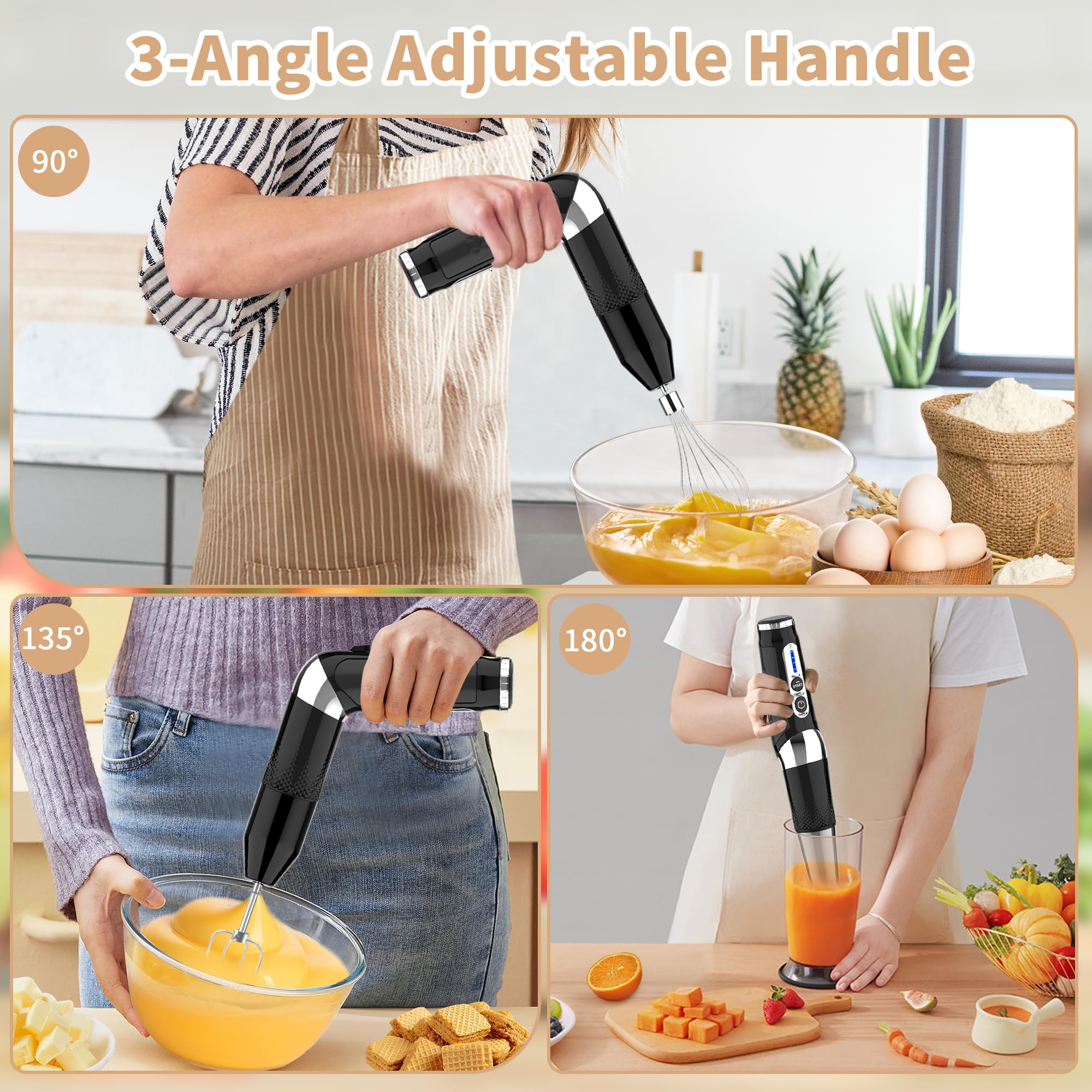 4-in-1 Cordless Immersion Blender - Rechargeable Hand Blender with 21 Speeds & Adjustable Angle, Includes 700ml Chopper, Beaker, Egg Whisk & Beater for Smoothies, Soup, Baby Food - Perfect for Kitchen, Home Cooking & Meal Prep (Black)