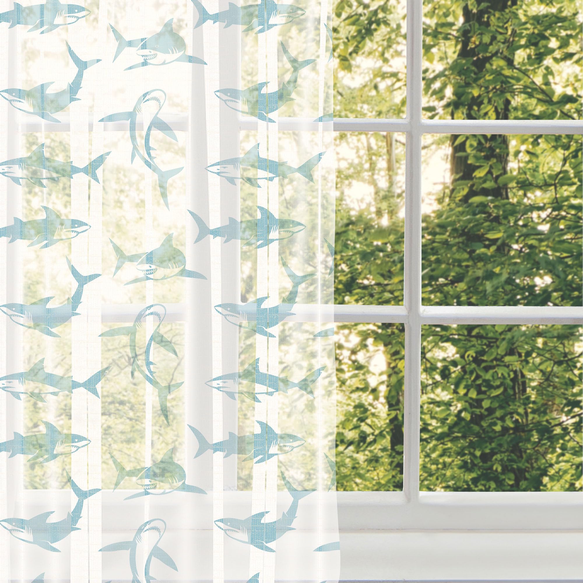 Ambesonne Shark Themed Tulle Curtains - Blue Marine Predator Design with Cartoon Fish & Sharp Teeth - Sheer Window Drapes for Bedroom, Living Room, or Kids Room - 2 Panels (108x96 Inches) - Rod Pocket for Easy Hanging - Perfect for Ocean Theme Decor, Birthday Parties & Weddings