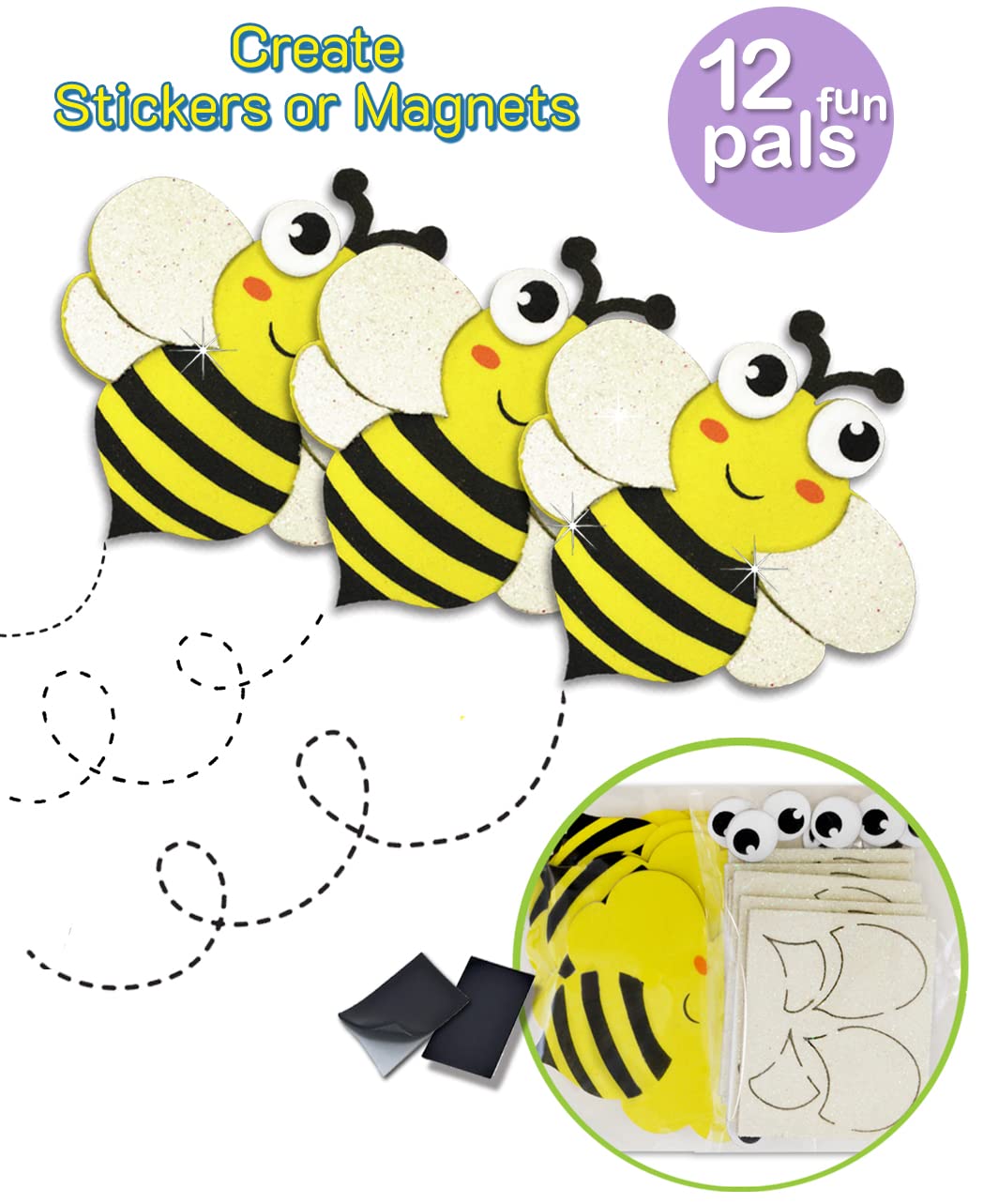 12-Piece Bumble Bee Stickers for Kids - DIY Spring & Summer Craft Kit, Bug-Themed Foam Stickers & Magnets for Scrapbooking, Classroom Activities & Party Favors