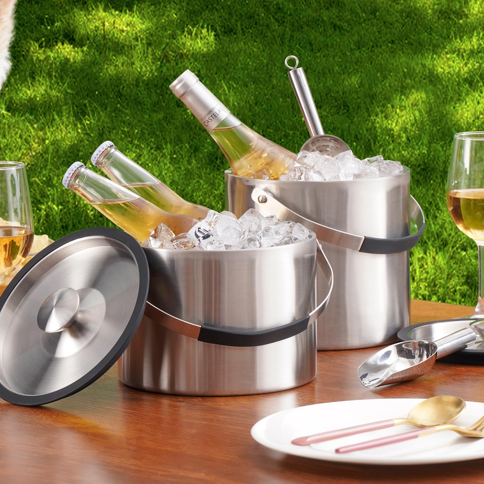 Premium 2.2L Double Wall Insulated Stainless Steel Ice Bucket with Lid & Scoop - Wine Chiller for Cocktails, Parties, Bars & Outdoor Entertaining
